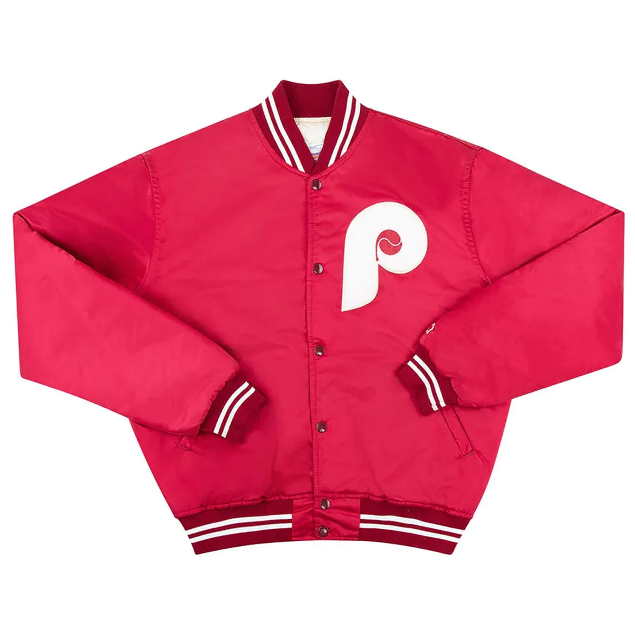 Classic 1980s Philadelphia Phillies varsity jacket with satin finish and embroidered team logo in red and white.