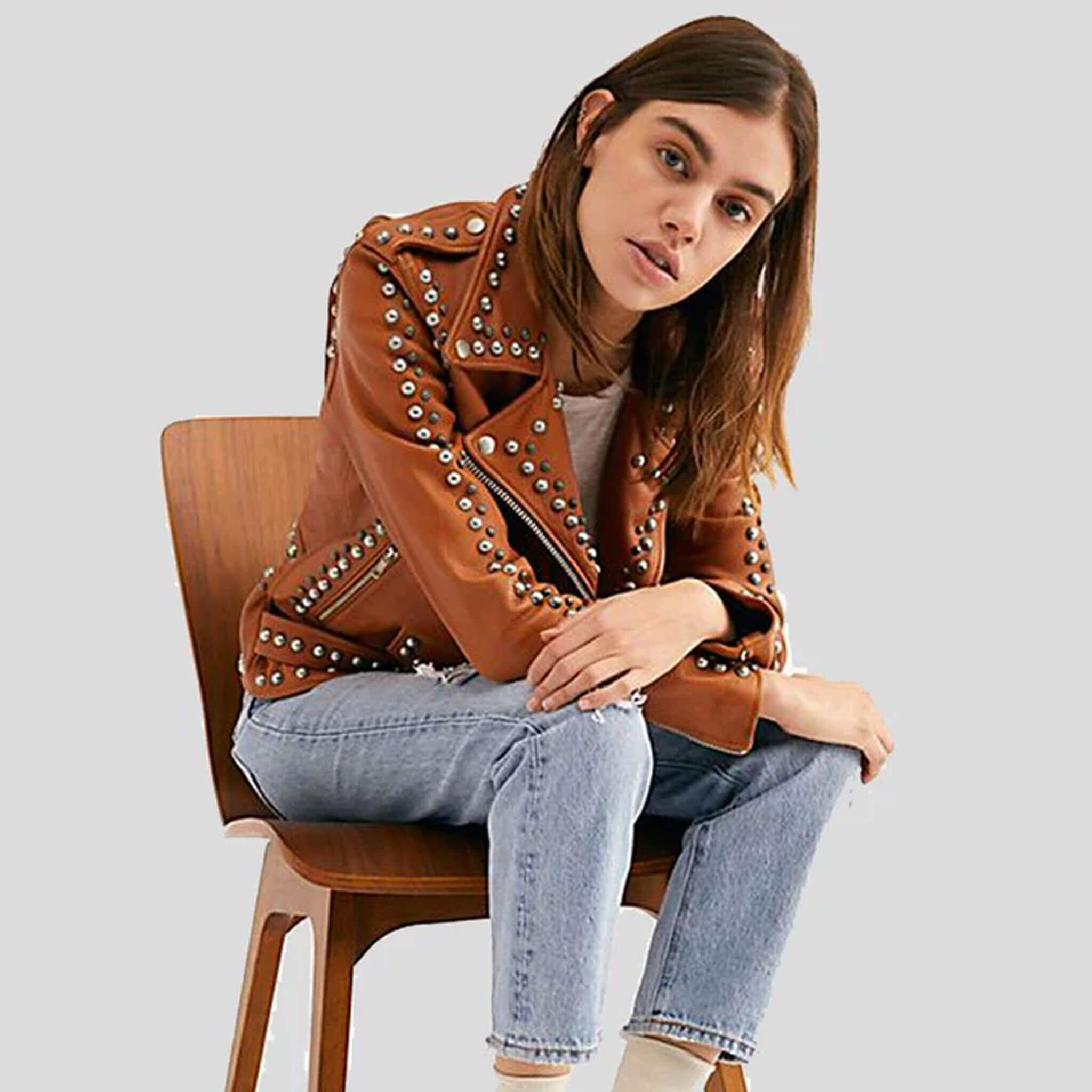 Luma Tan Studded Lambskin Leather Biker Jacket