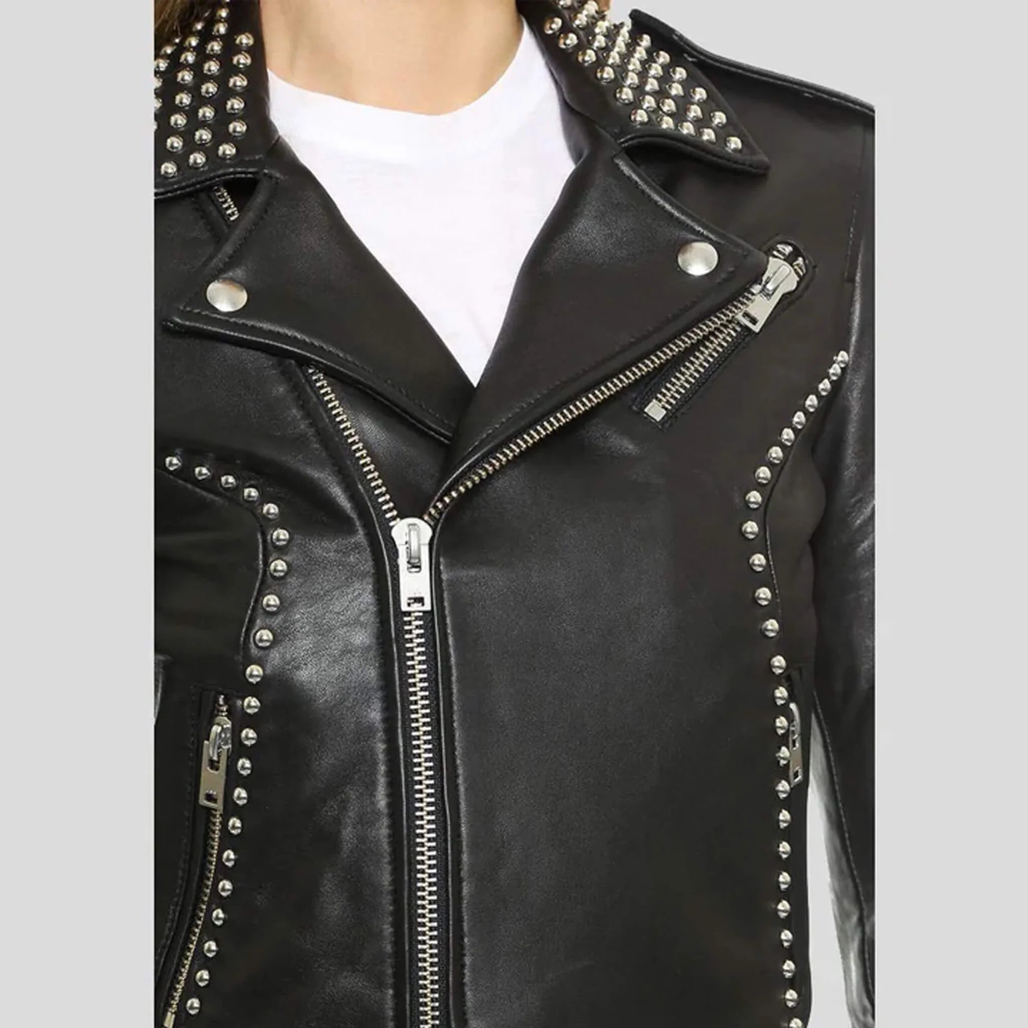 Rebelia Women’s Black Studded Lambskin Biker Jacket