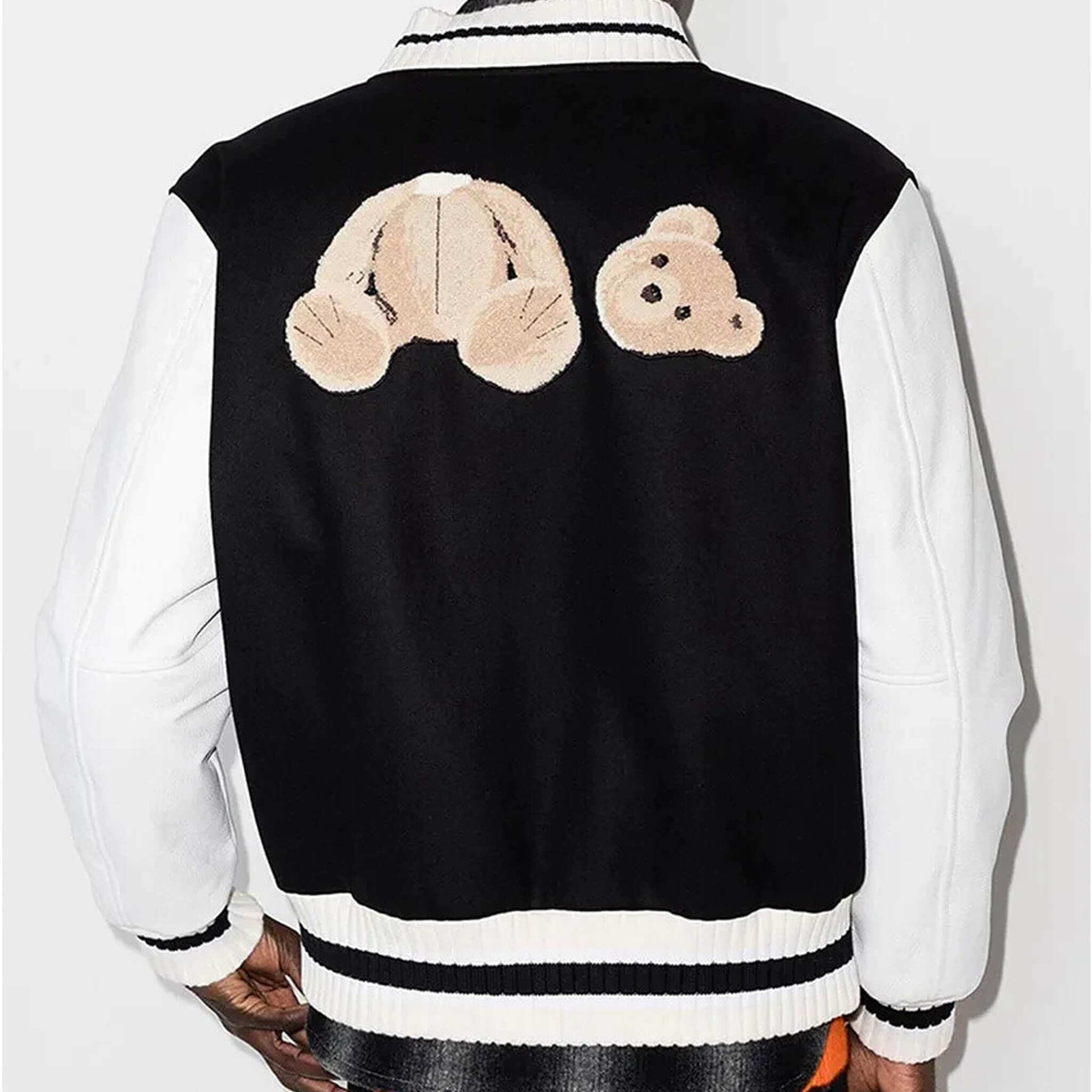 Palm Angels 50 Bear Varsity Jacket Black White Wool Blend