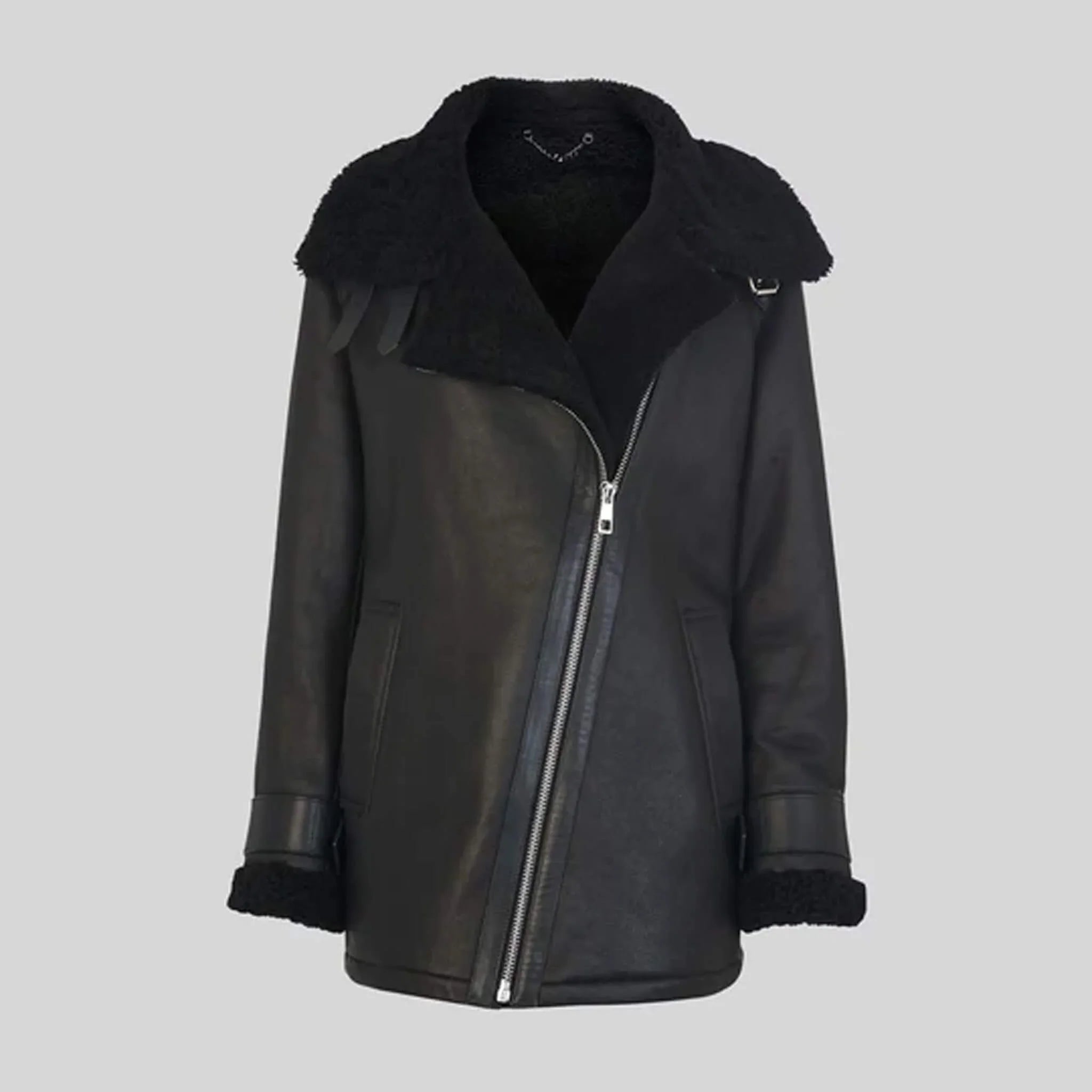 Brielle Black Shearling Aviator Biker Jacket