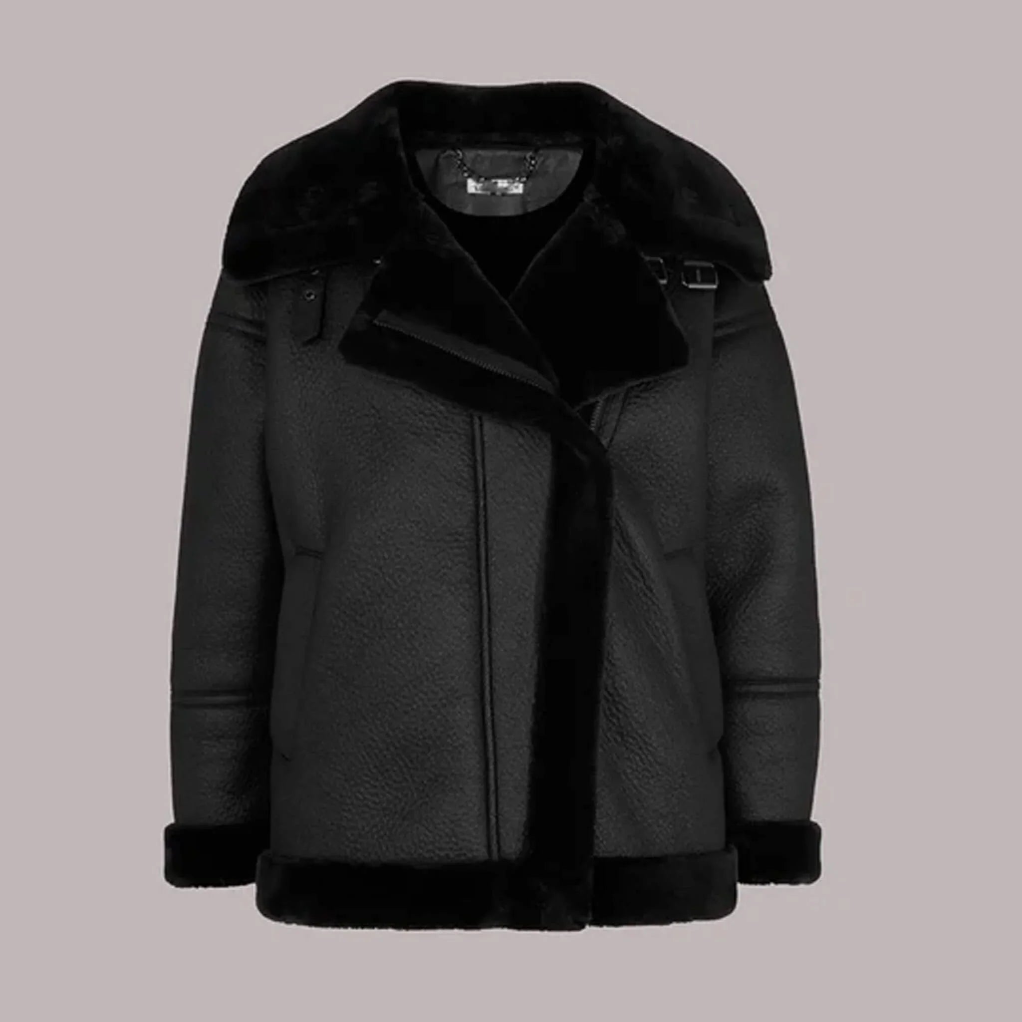 Elara Faux Fur Shearling Biker Jacket – Black