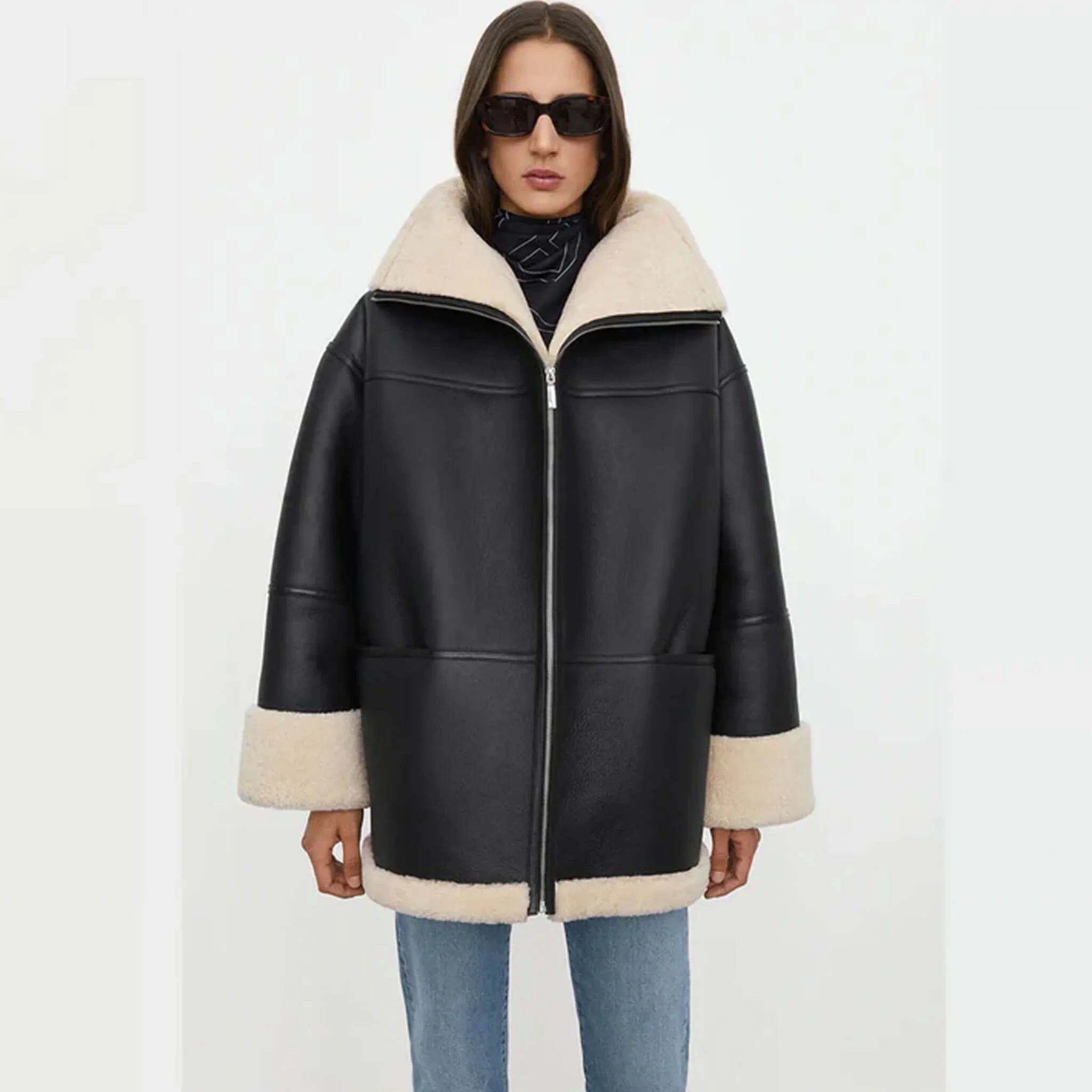 Women's Off-White Trim Aviator Shearling Jacket