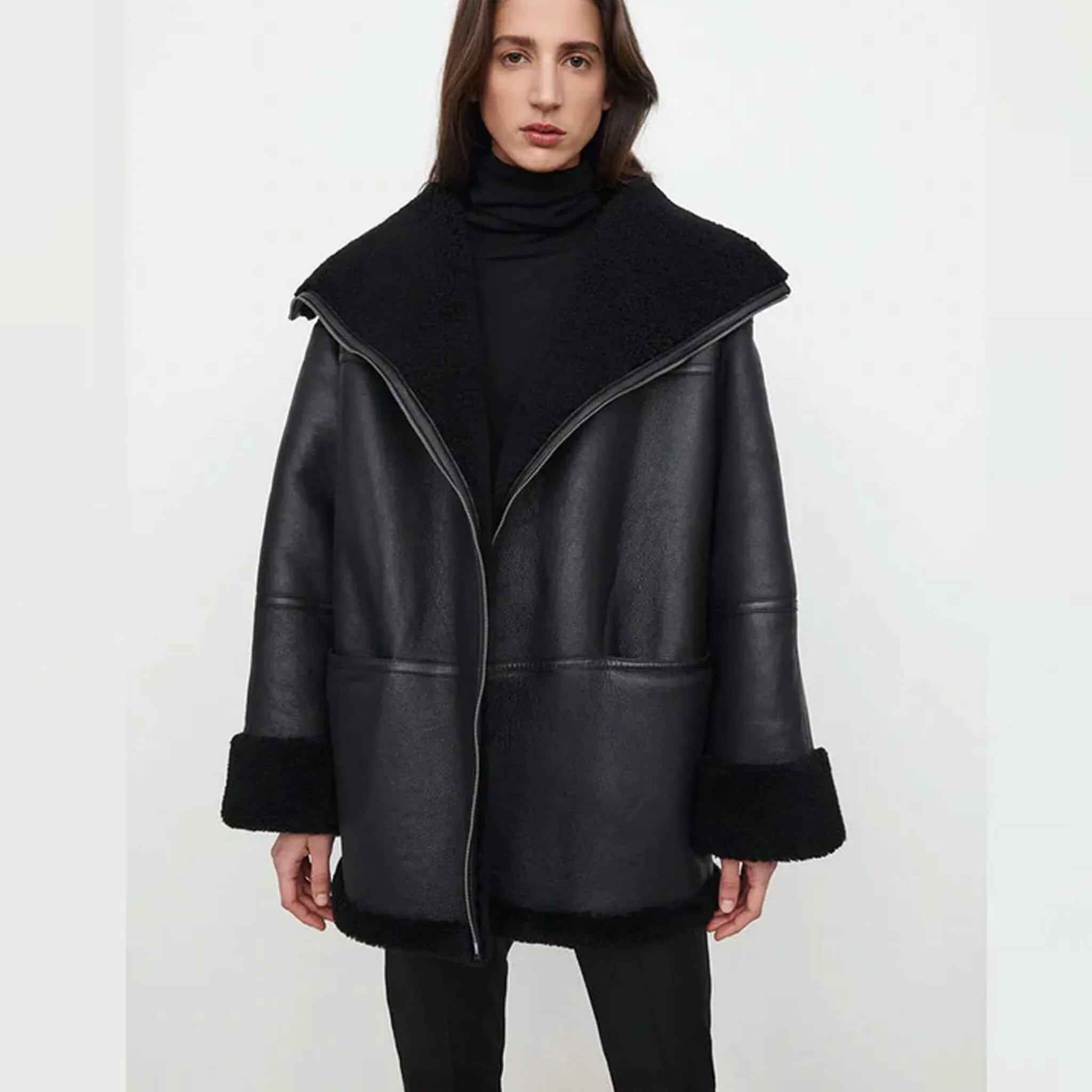 Black Shearling Aviator Biker Jacket for Women