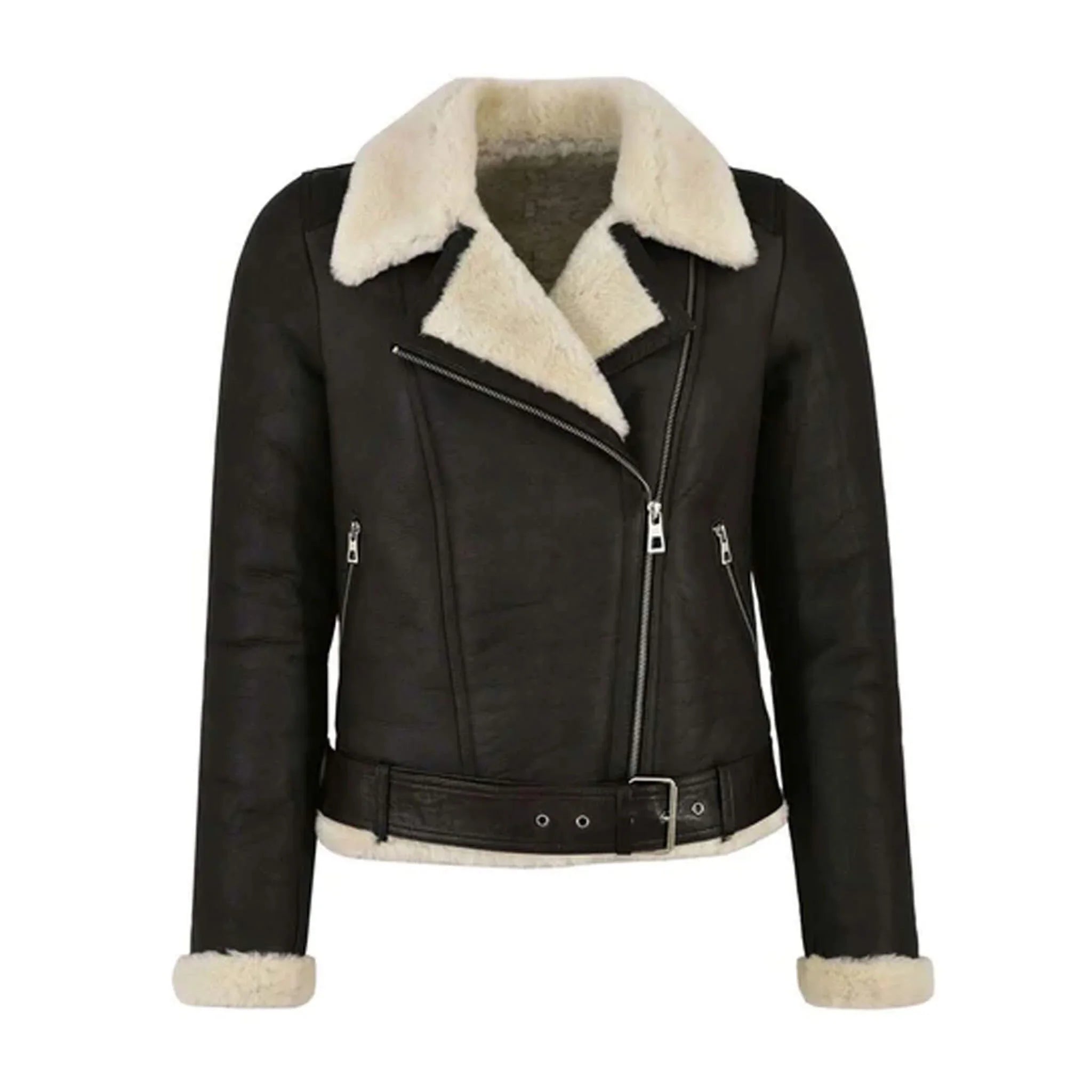 Women’s Black Shearling Leather Biker Jacket