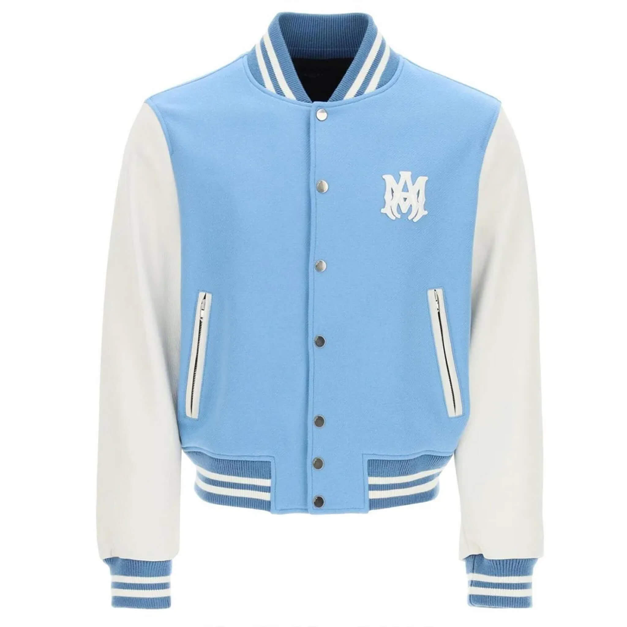Amiri varsity letterman jacket featuring blue wool body, white leather sleeves, and signature embroidered patches.