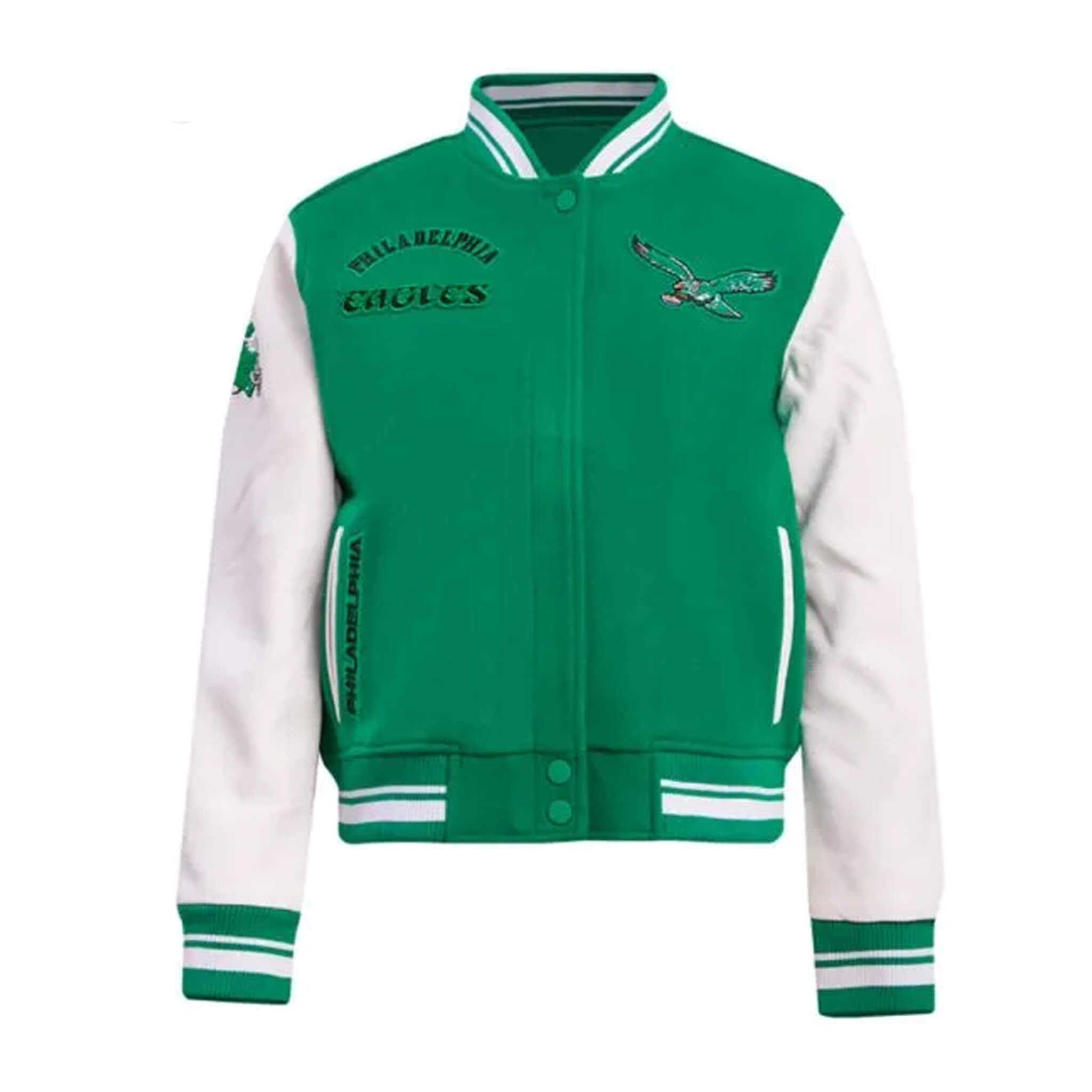 Philadelphia Eagles Cream Green Retro Varsity Wool Leather Jacket