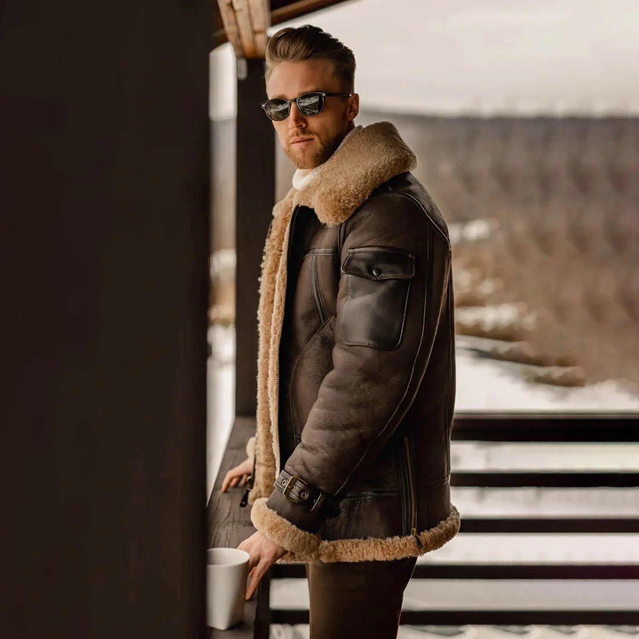 Men's B3 Shearling Aviator Long Coat - Brown Leather Flying Jacket