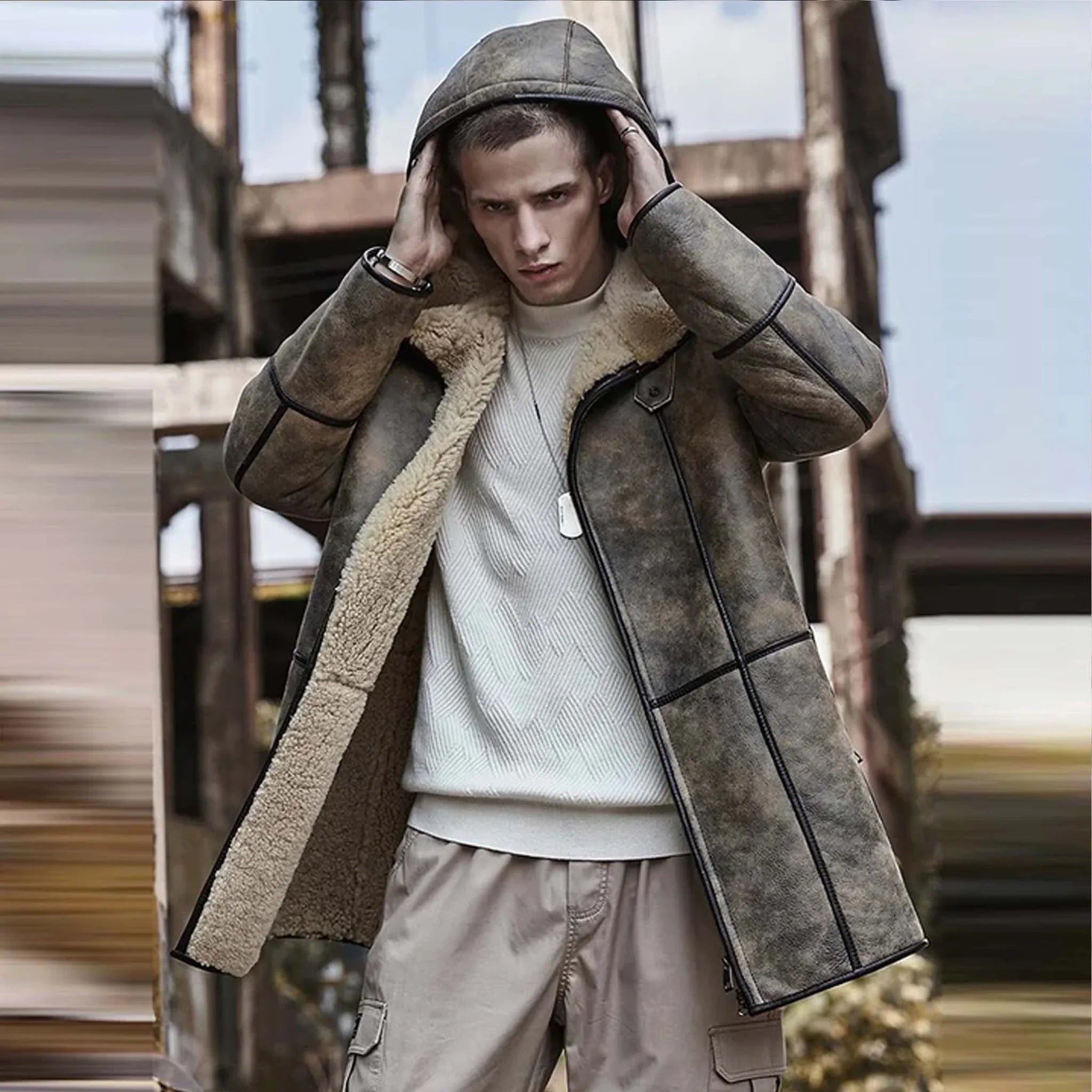 Men's RAF B7 Aviator Flying Jacket - Sheepskin Hooded Shearling Coat