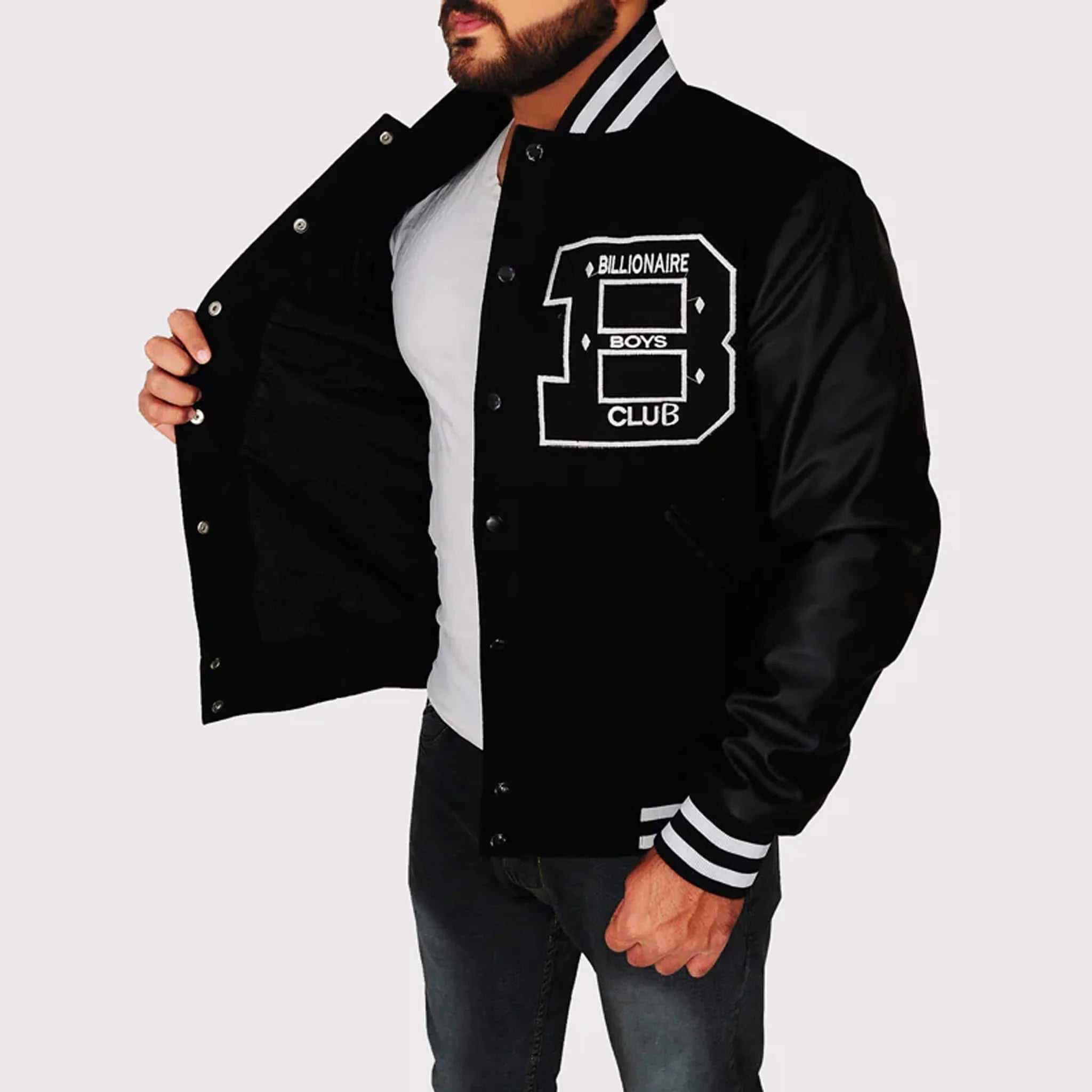 BBC Letterman Black Varsity Jacket with Leather Sleeve