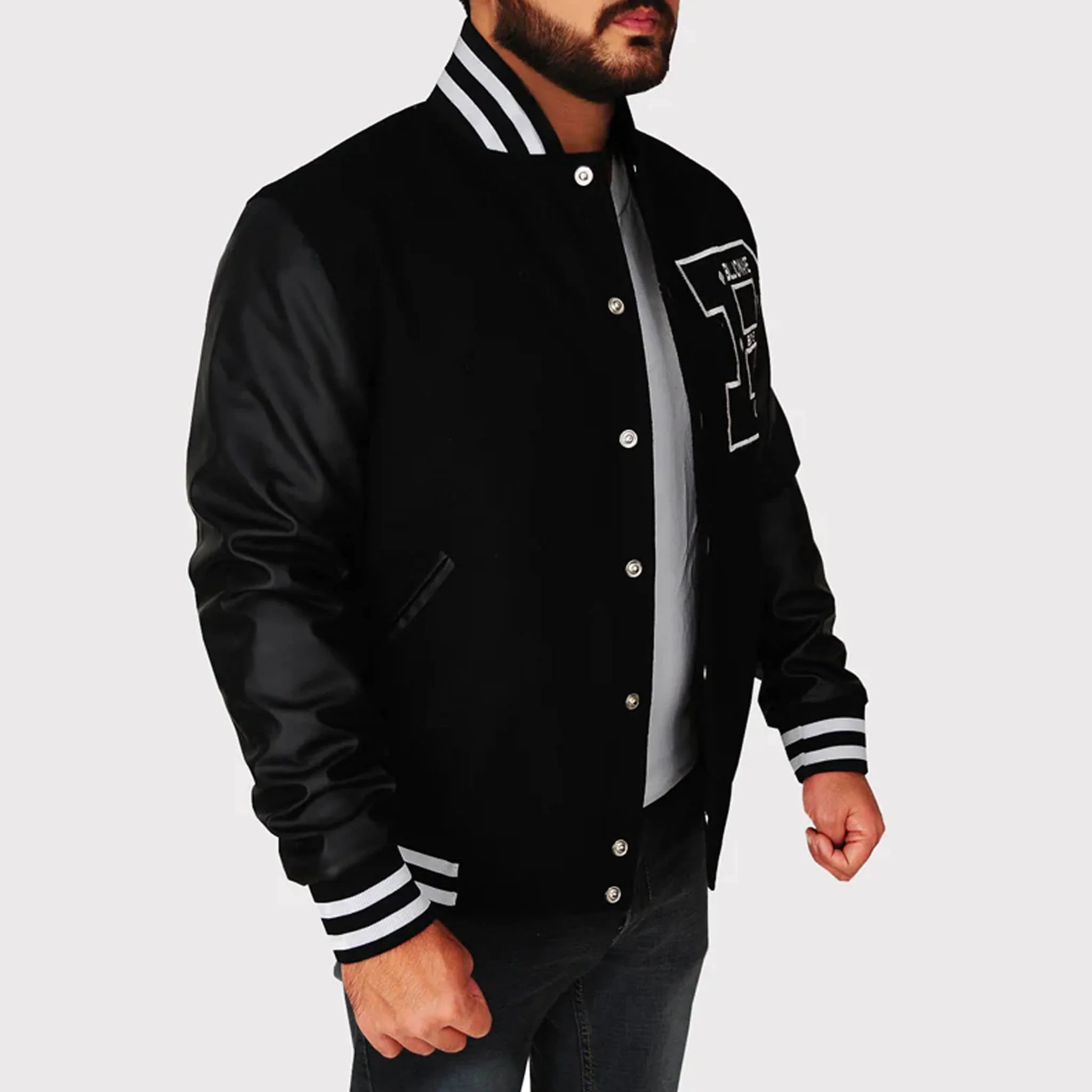 BBC Letterman Black Varsity Jacket with Leather Sleeve