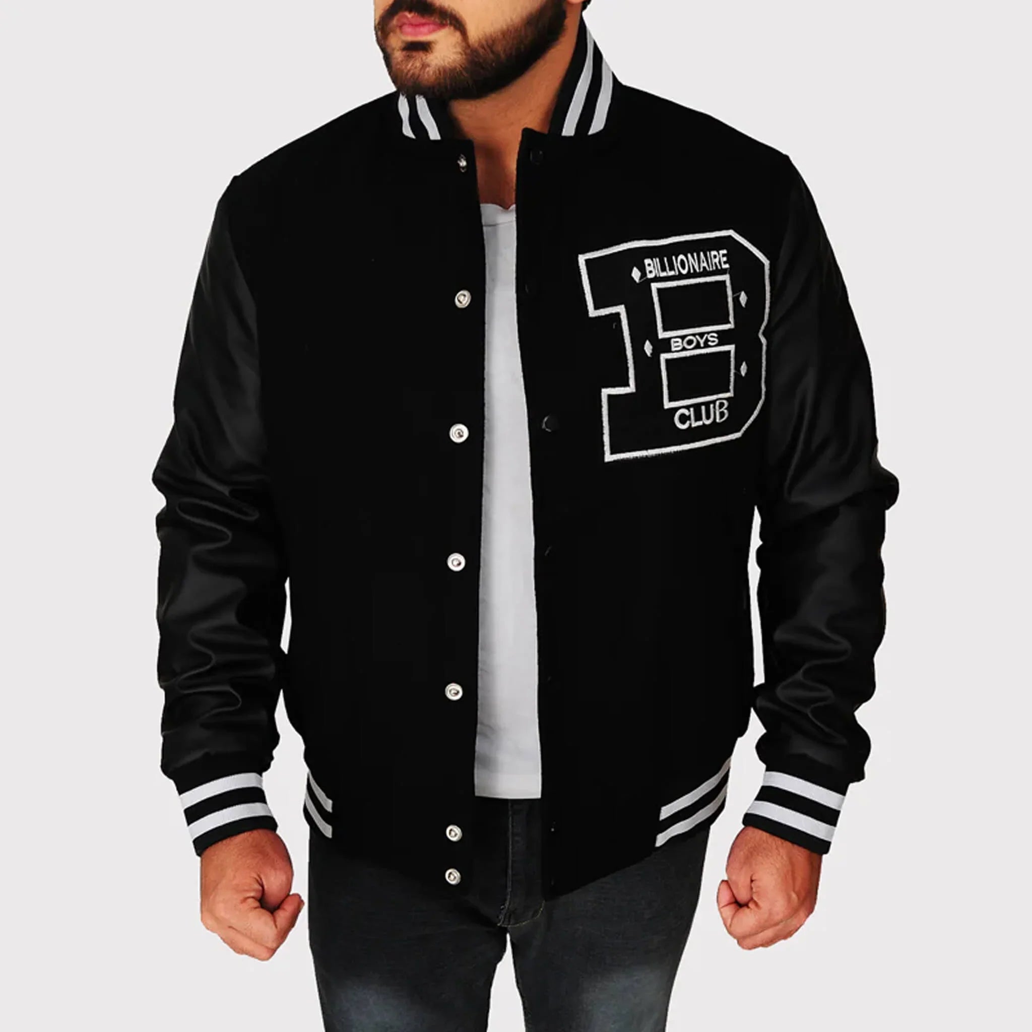 BBC Letterman Black Varsity Jacket with Leather Sleeve