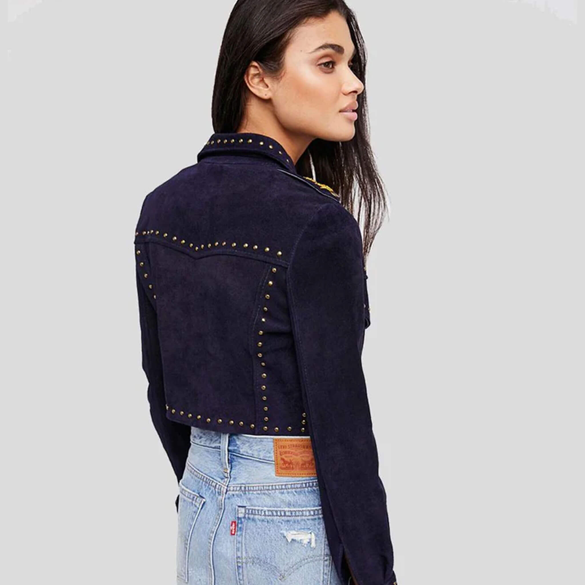 Nova Blue Studded Suede Leather Jacket for Women
