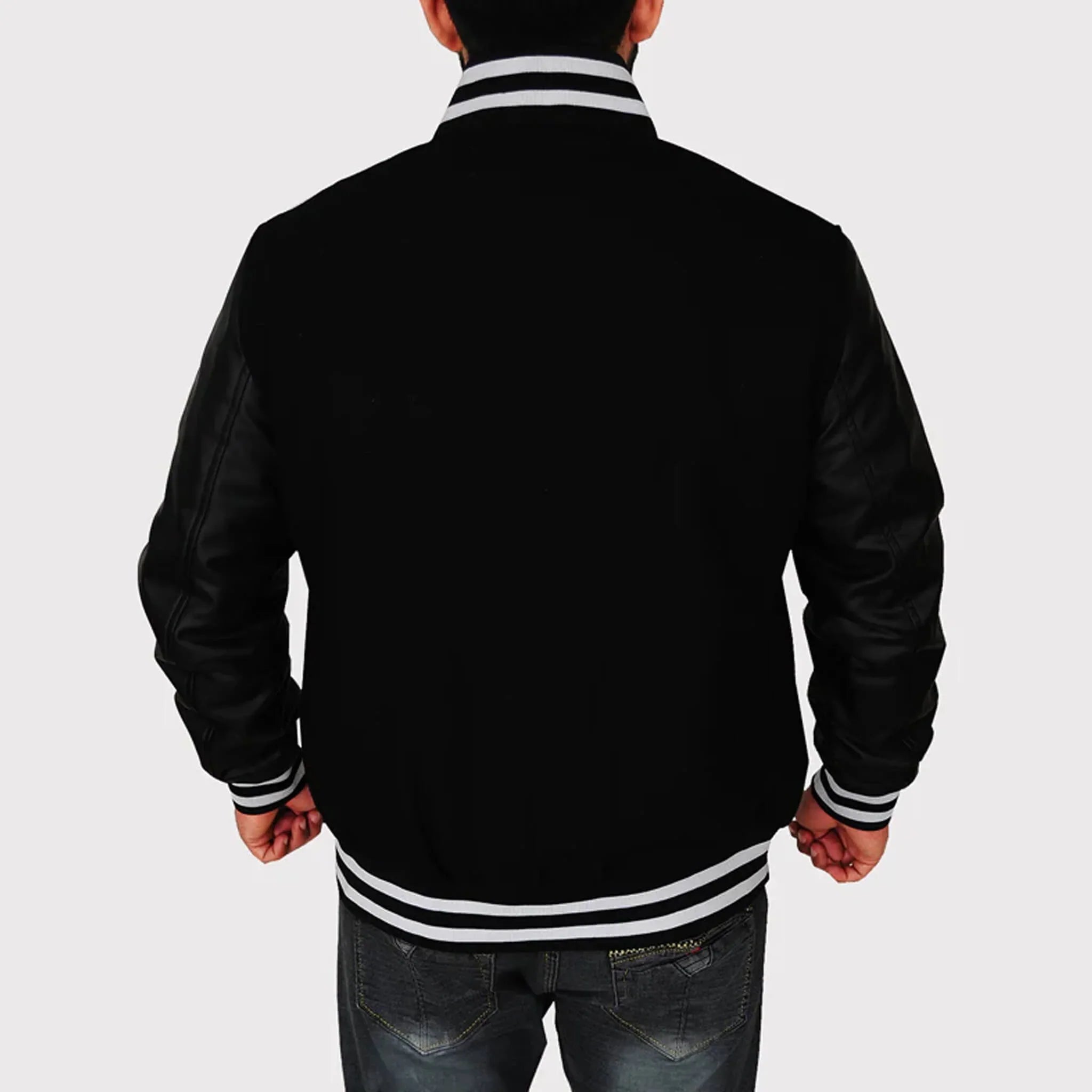 BBC Letterman Black Varsity Jacket with Leather Sleeve - leathergang.com
