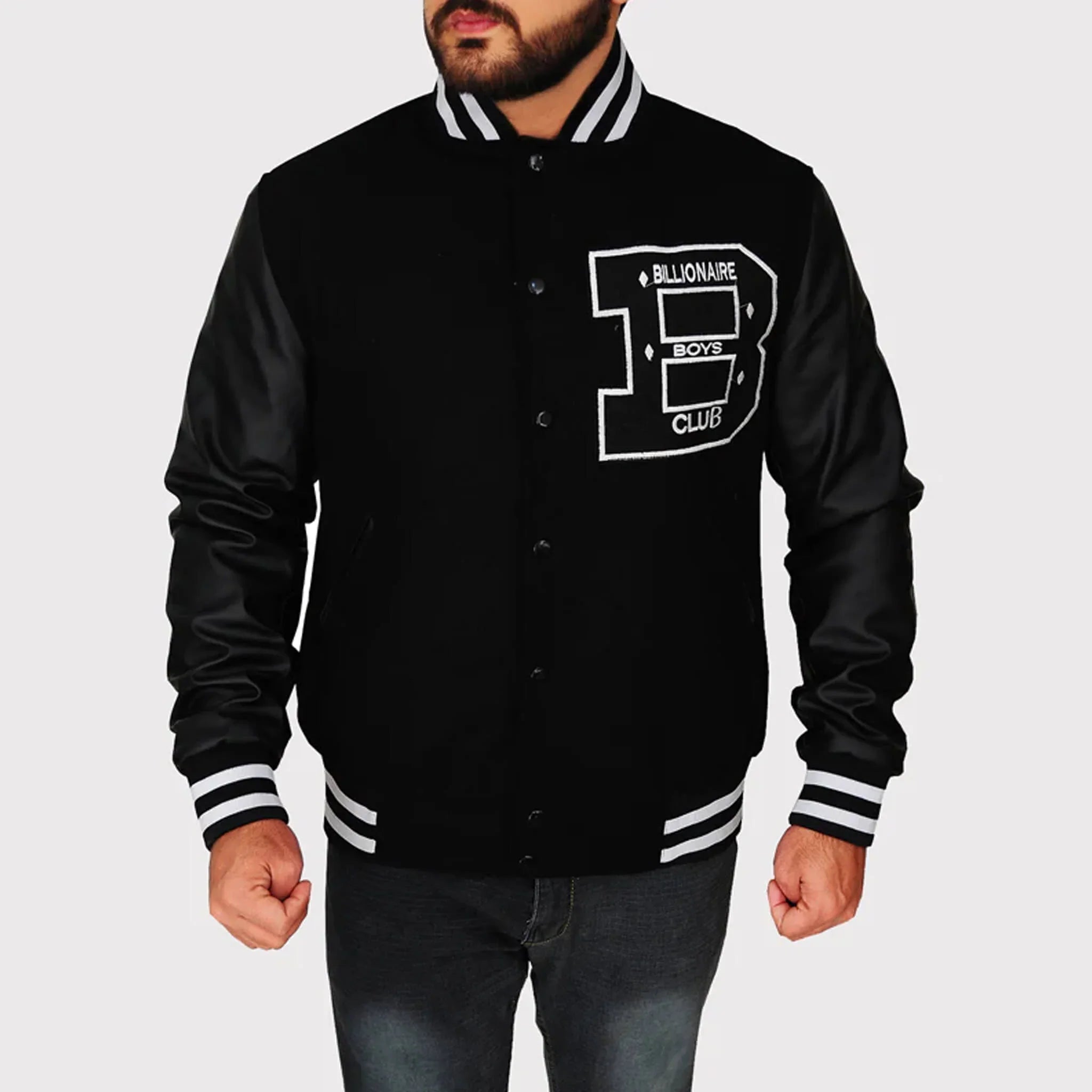 BBC Letterman Black Varsity Jacket with Leather Sleeve - leathergang.com