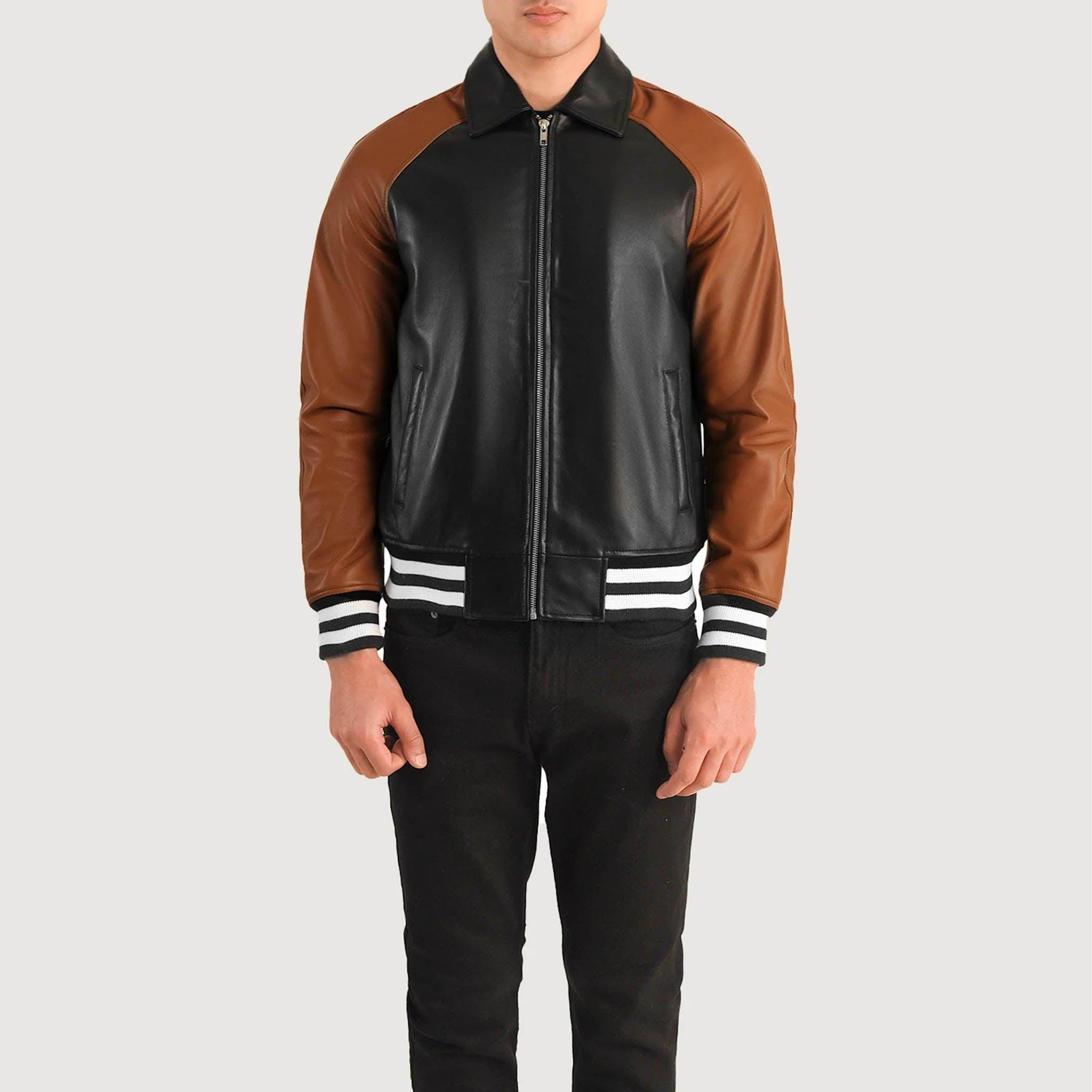 Abelard Brown & Black Leather Varsity Jacket – Timeless Classic Style - leathergang.com