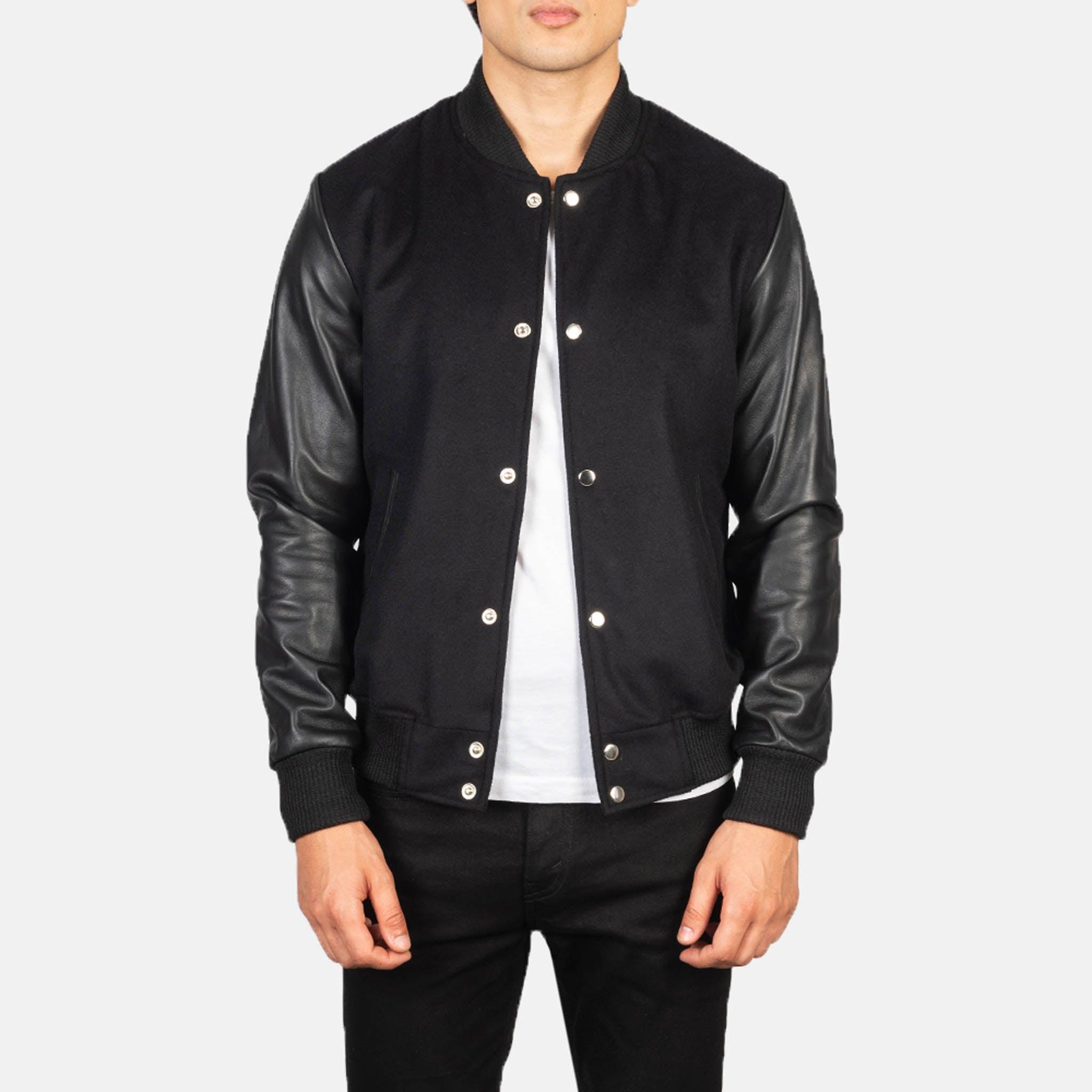 Baxton Hybrid Varsity Jacket – Black Wool & Leather Sleeves Striped Edition - leathergang.com
