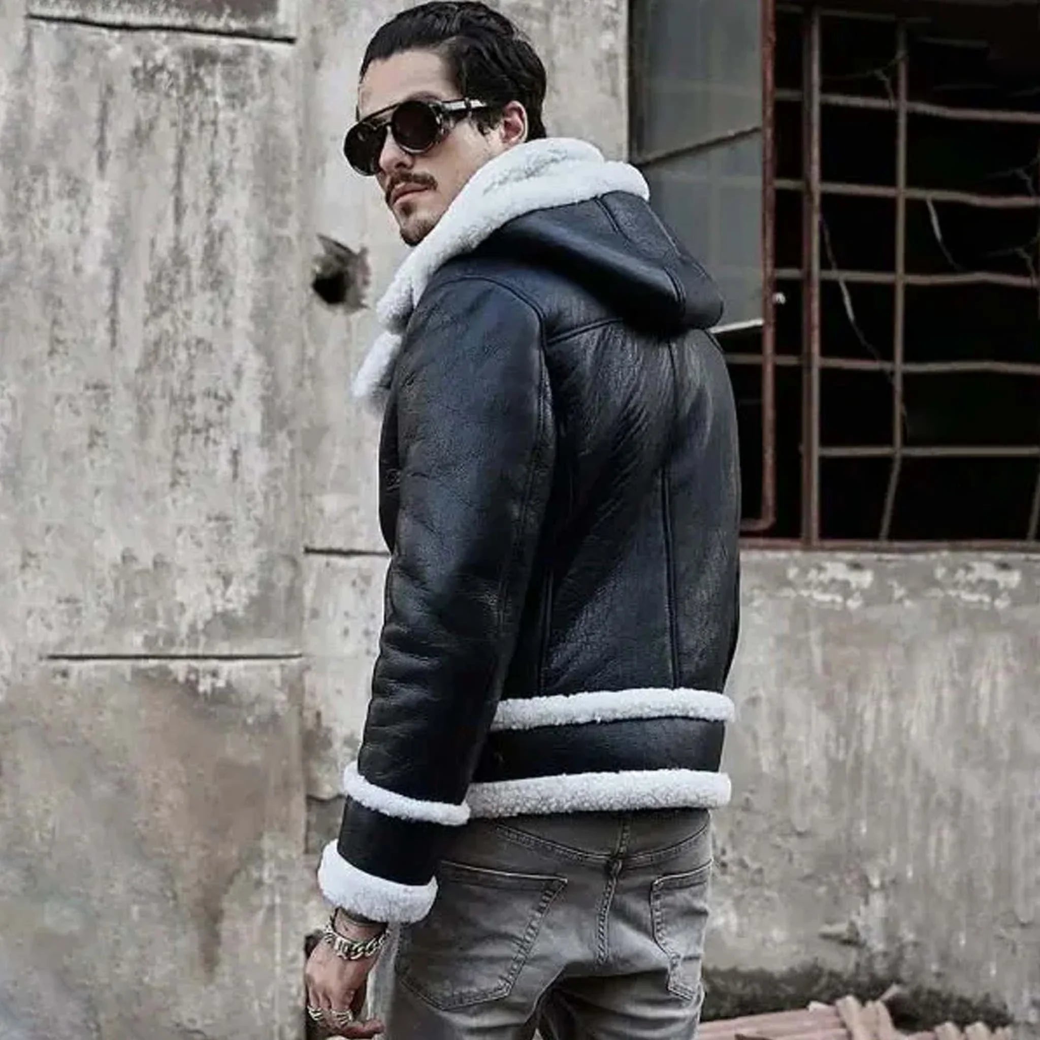 Silvra RAF B3 Bomber Jacket - Black Hooded Sheepskin Leather Short Coat
