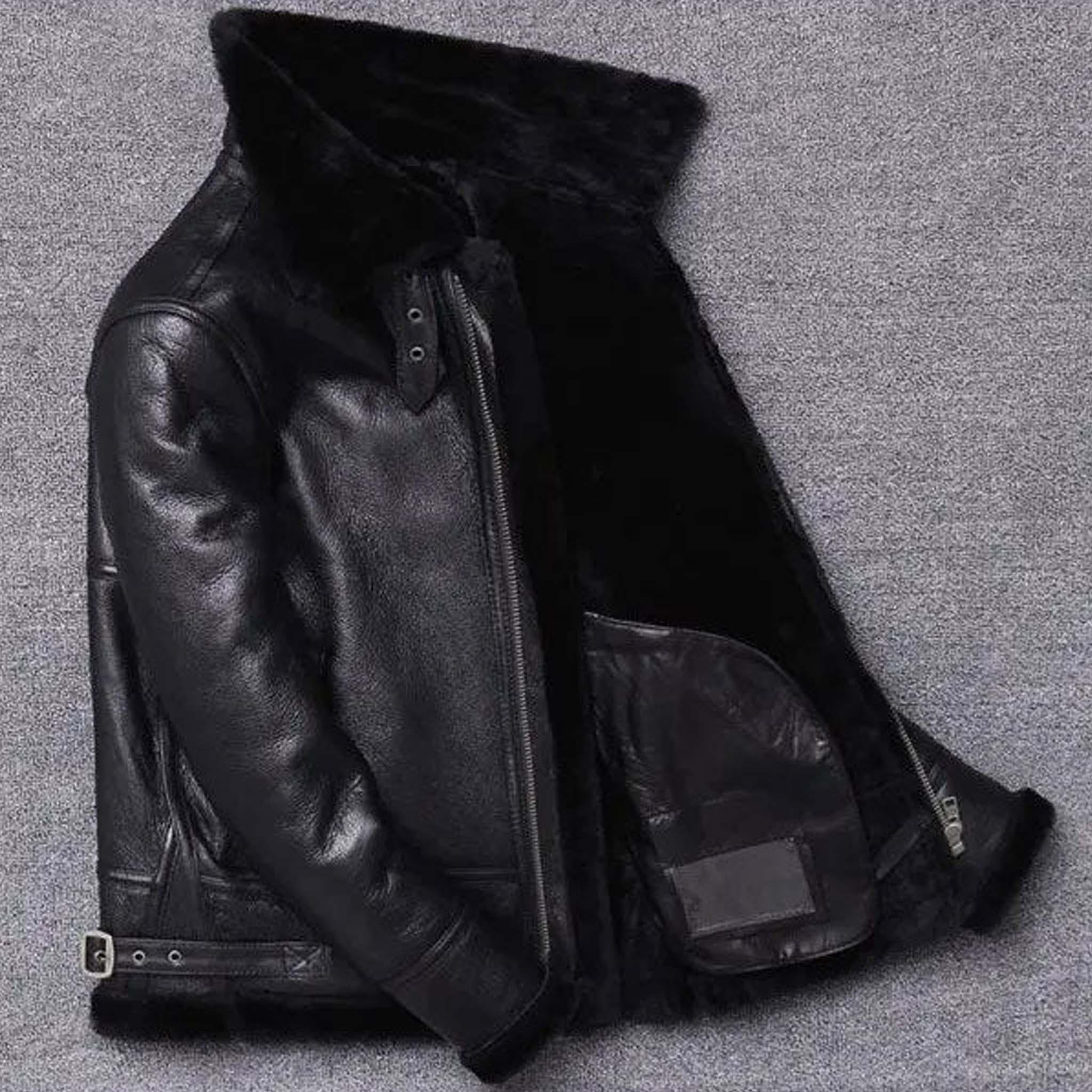 Veltrix Sheepskin Leather Motorcycle Jacket - Men's Winter Black Fur Coat