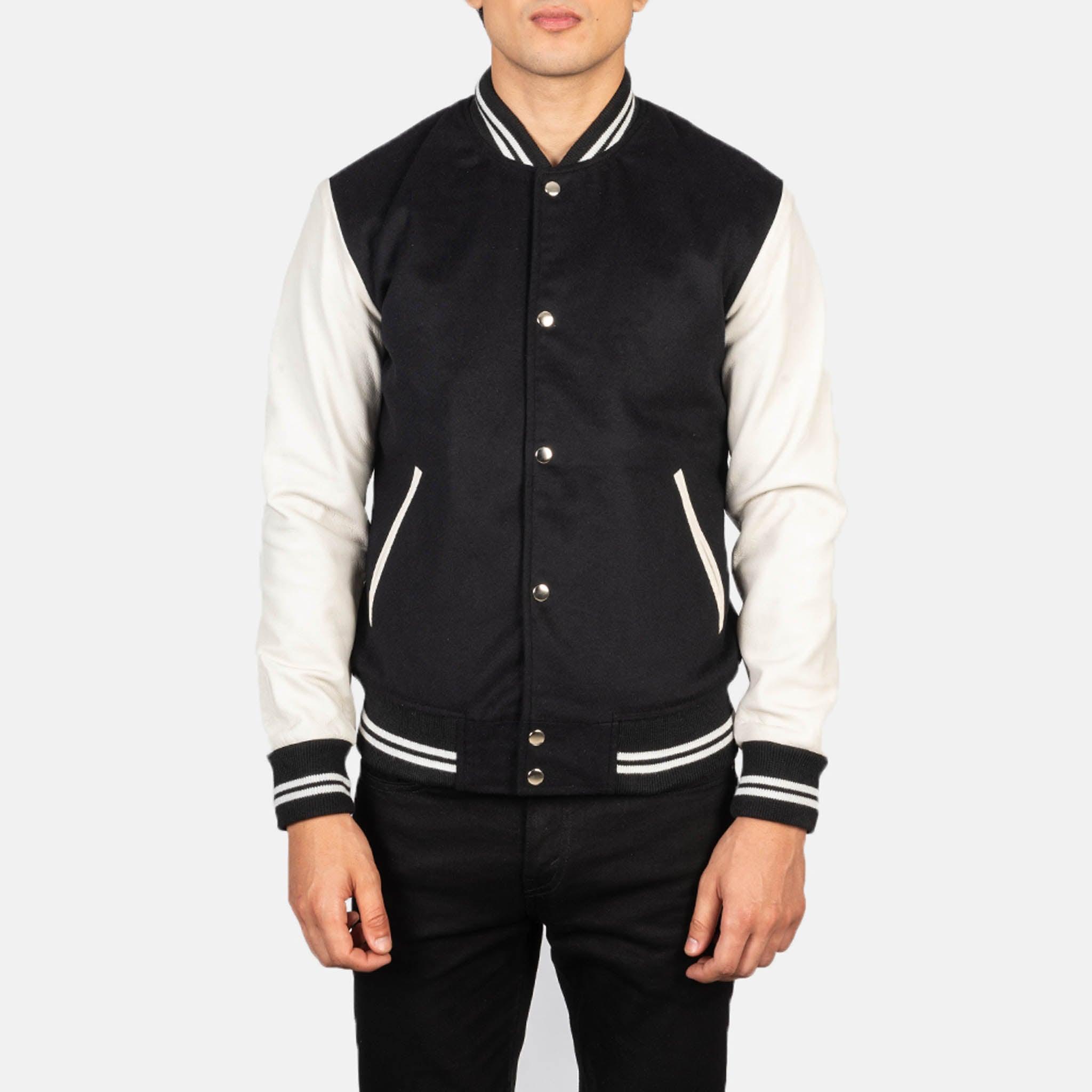 Black Striped Baxton Varsity Jacket – Wool Body with Leather Sleeves Letterman - leathergang.com