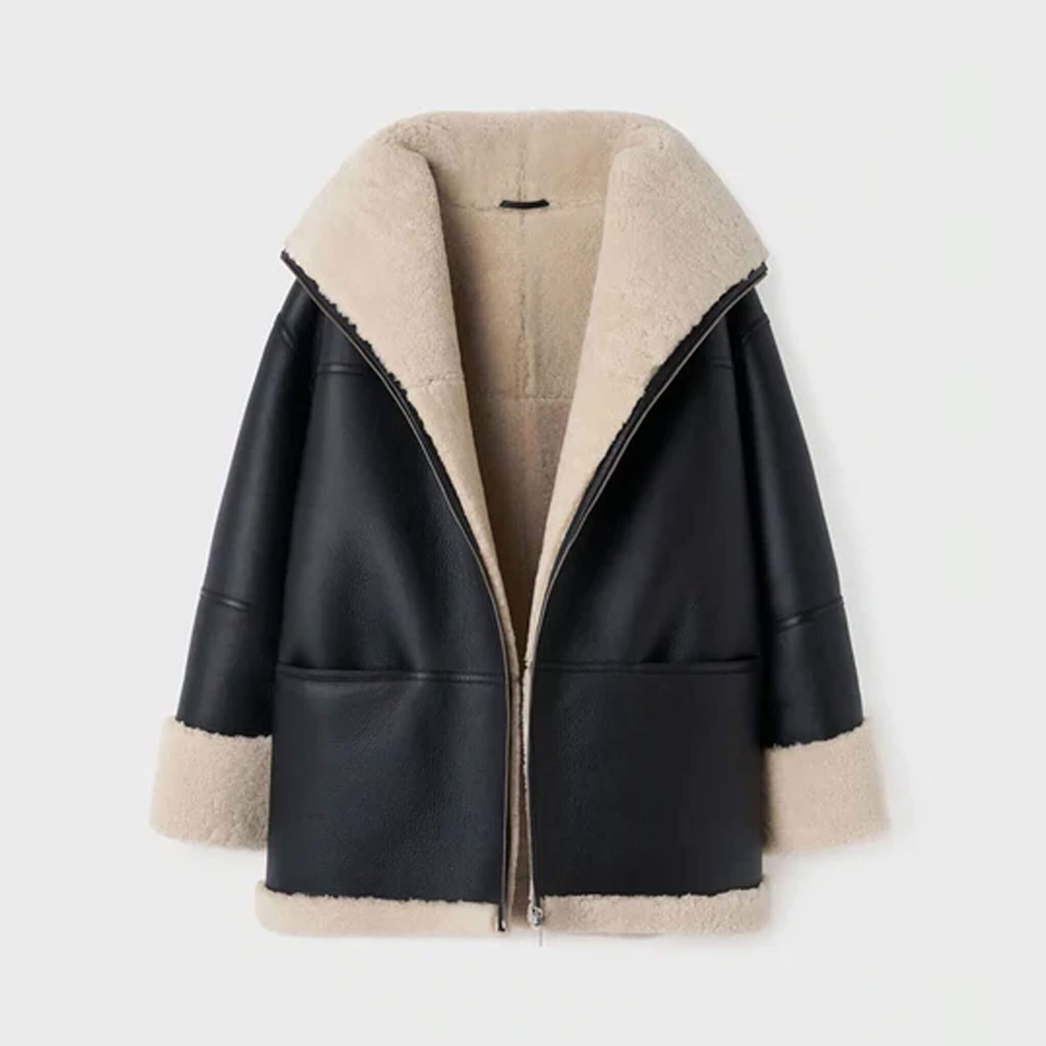 Women's Off-White Trim Aviator Shearling Jacket