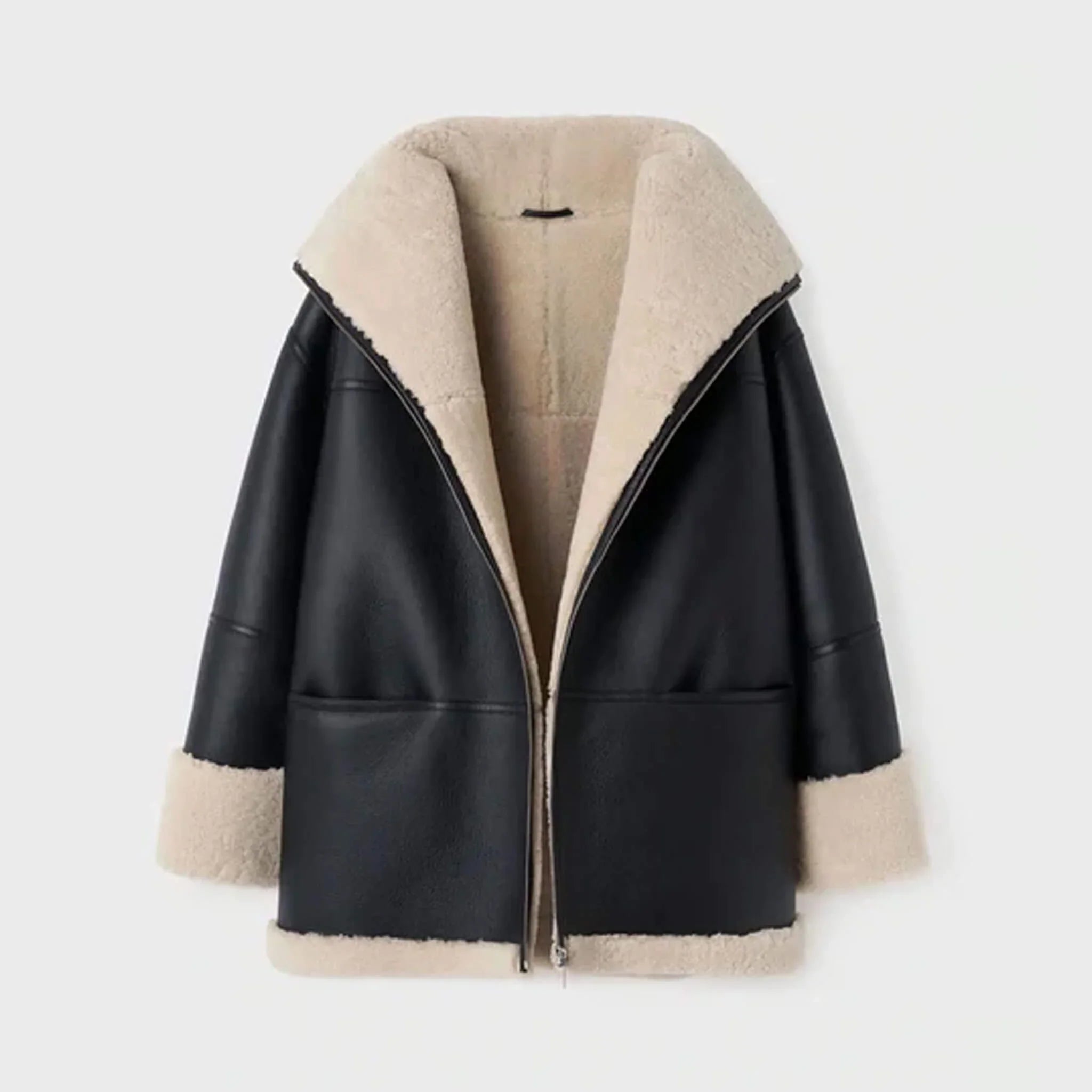 Women's Off-White Trim Aviator Shearling Jacket