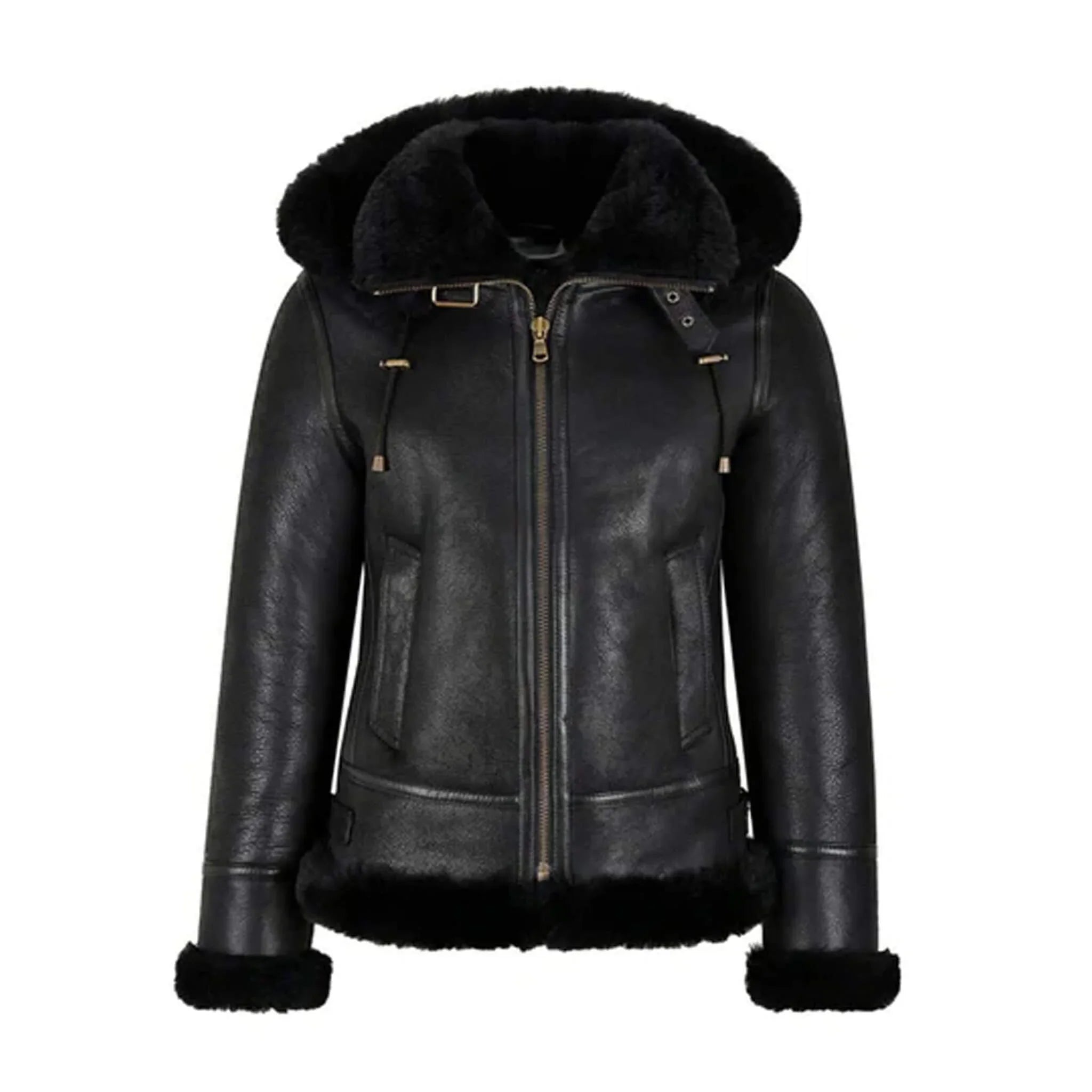 Black Shearling Aviator Jacket with Removable Hood