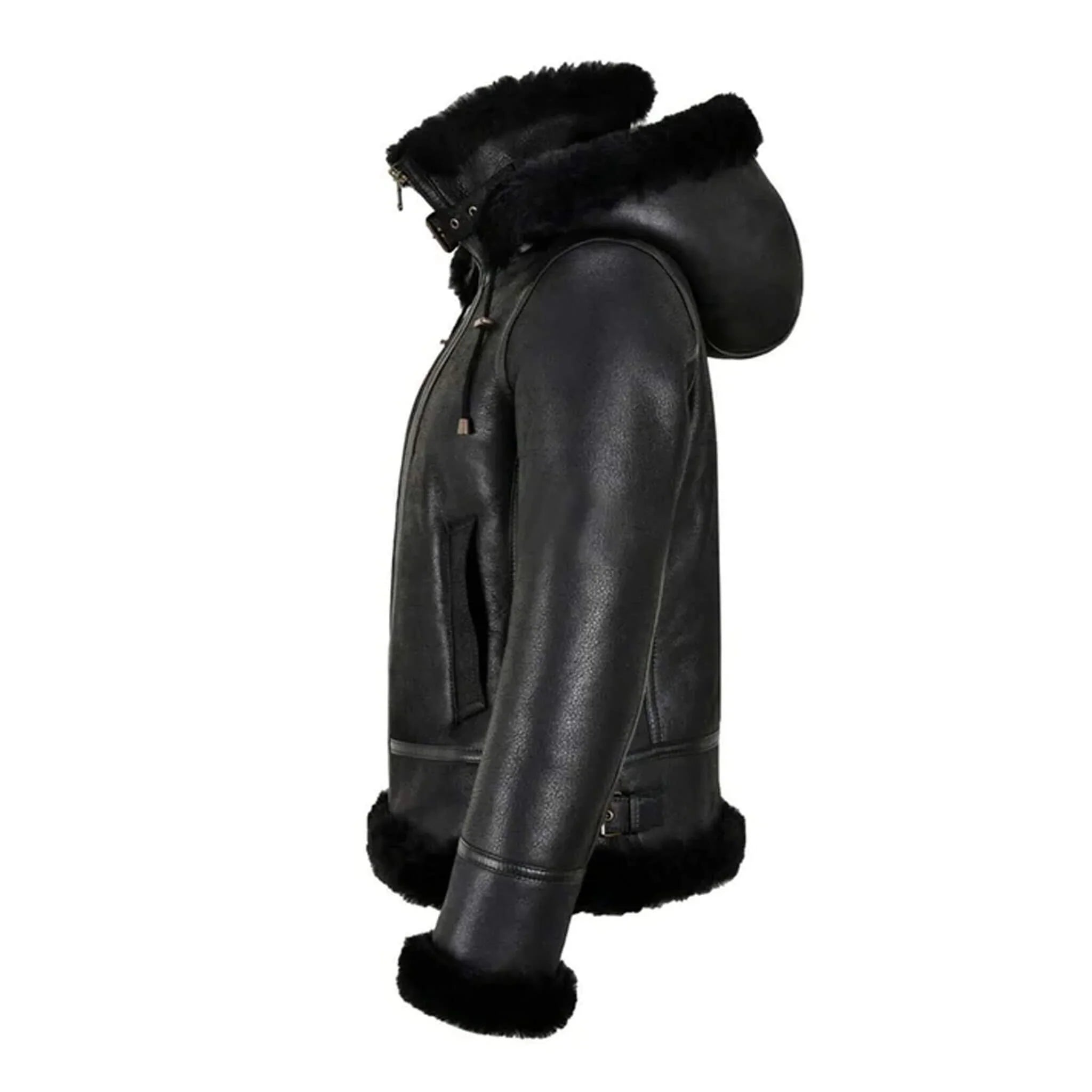 Black Shearling Aviator Jacket with Removable Hood