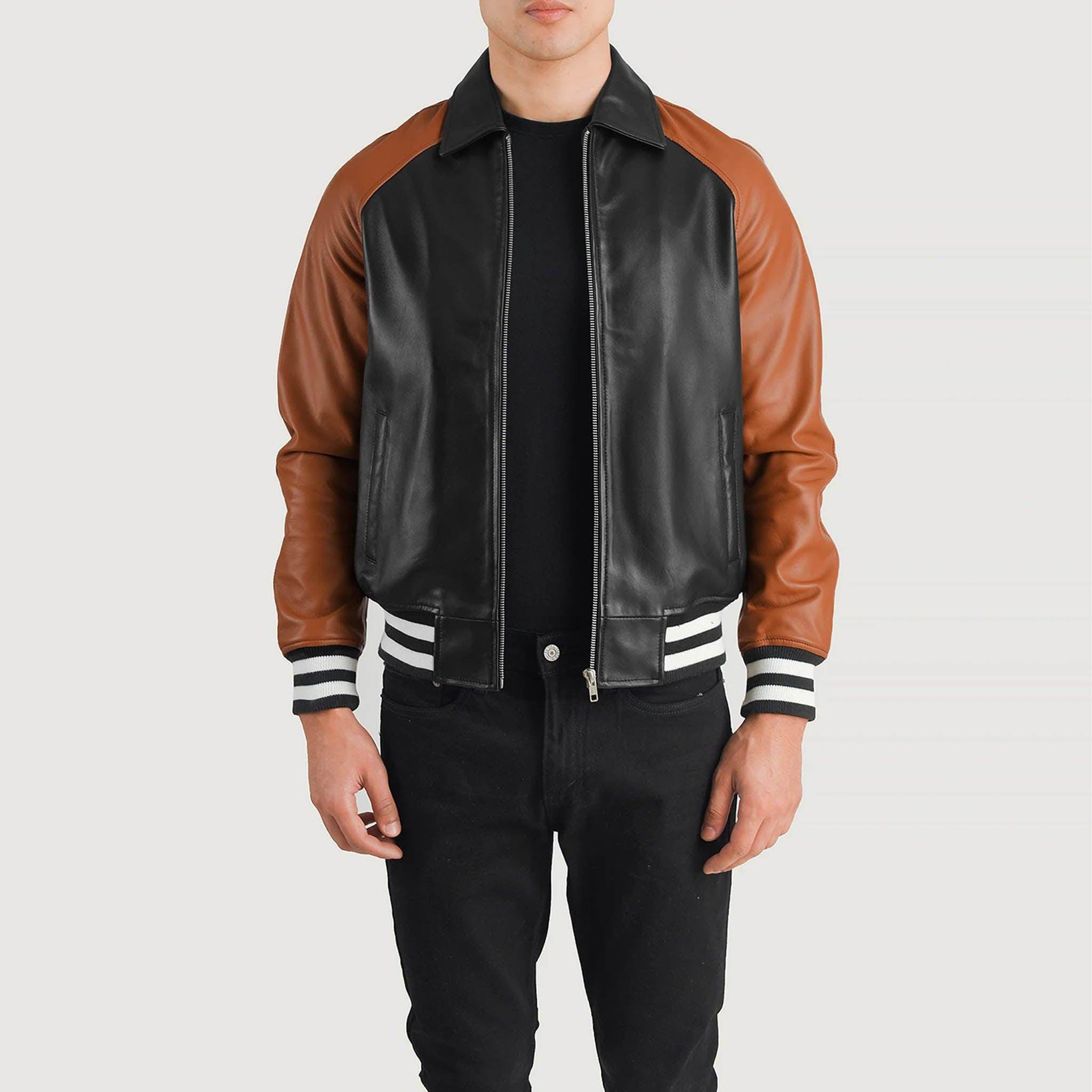 Abelard Brown & Black Leather Varsity Jacket – Timeless Classic Style - leathergang.com