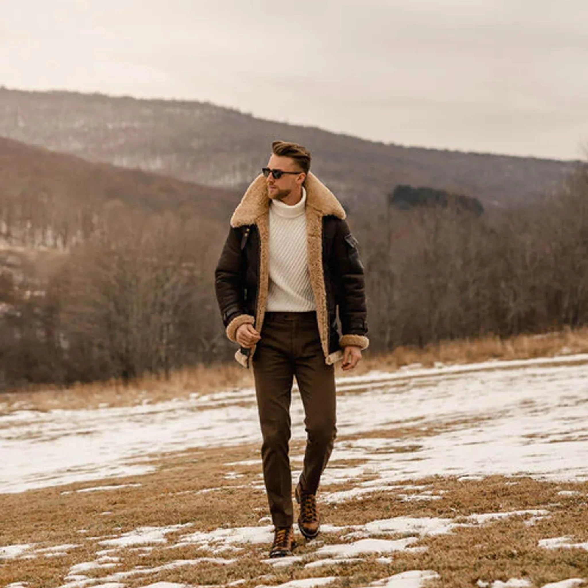 Men's B3 Shearling Aviator Long Coat - Brown Leather Flying Jacket
