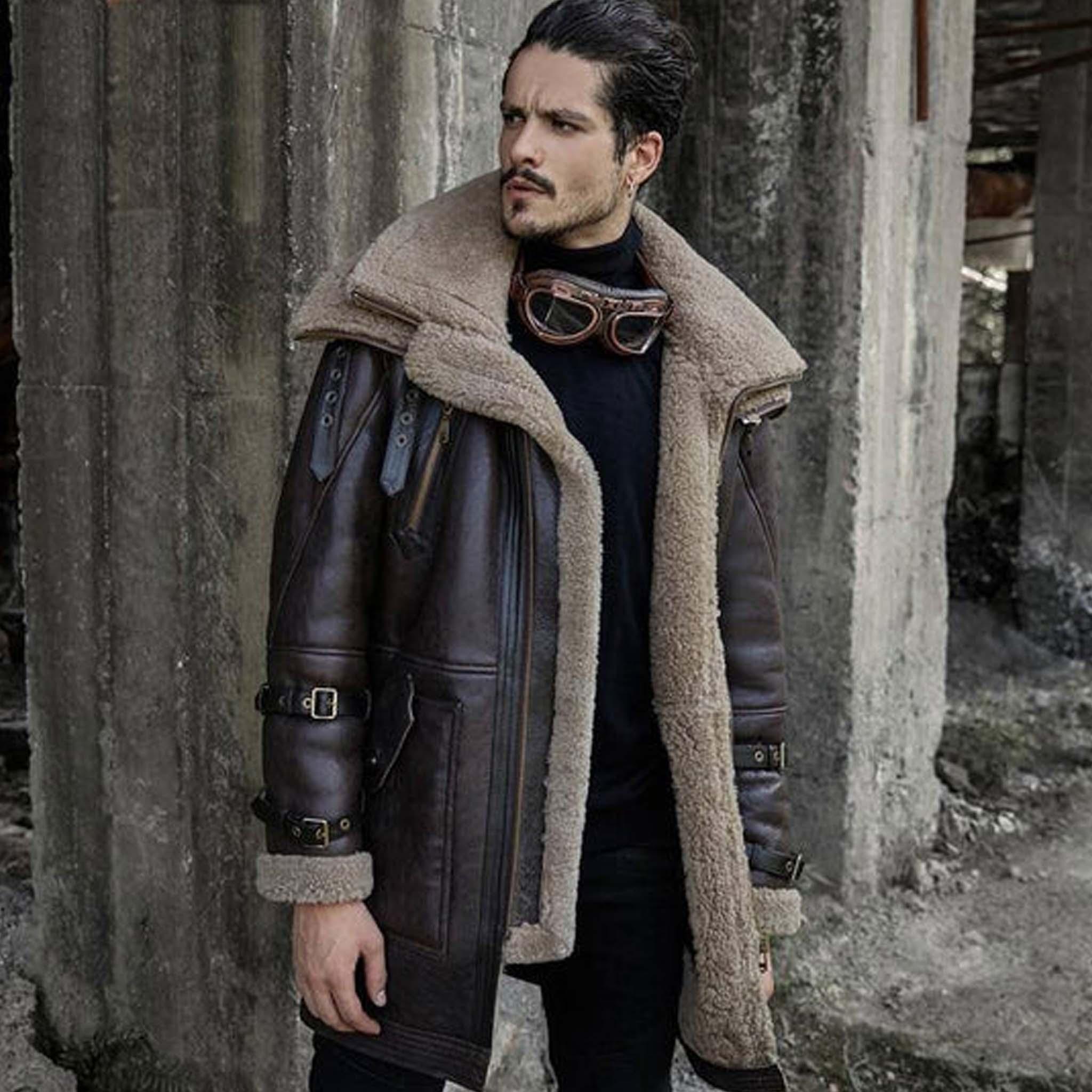 Rogue B7 Men’s Leather Aviator Long Coat - Double-Collar Shearling Flight Jacket