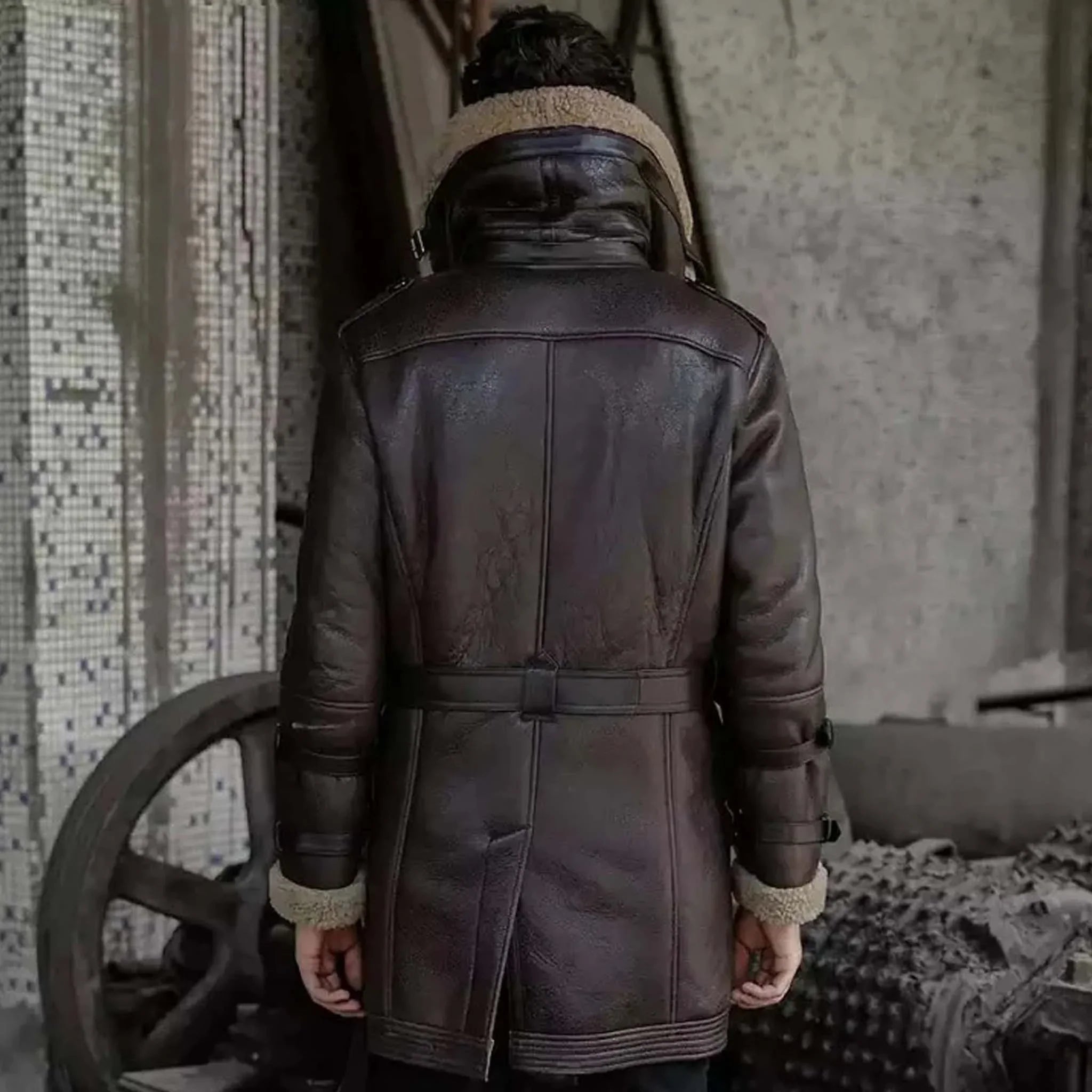 Rogue B7 Men’s Leather Aviator Long Coat - Double-Collar Shearling Flight Jacket
