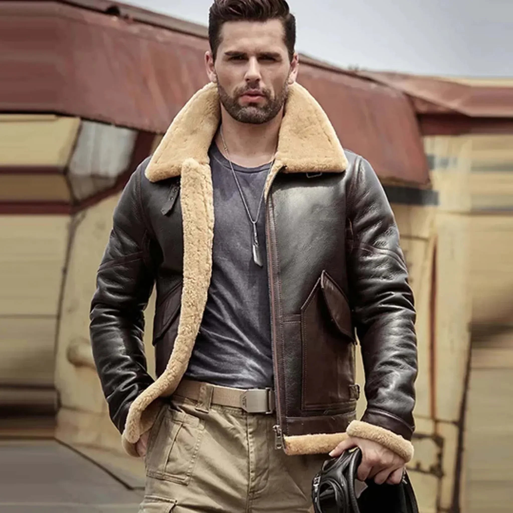 Blayze B3 RAF Aviator Shearling Jacket - Airforce Brown Leather Coat