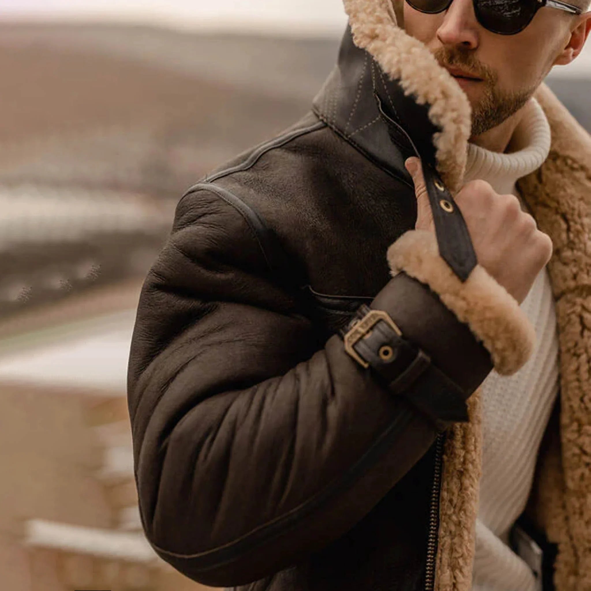 Men's B3 Shearling Aviator Long Coat - Brown Leather Flying Jacket