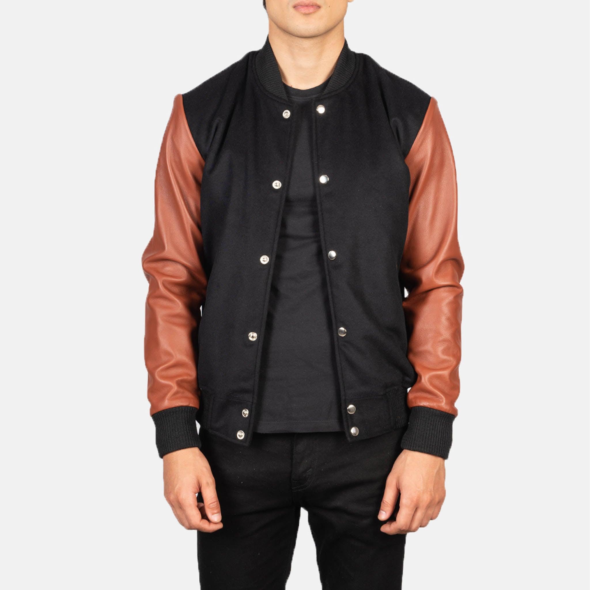 Baxton Hybrid Varsity Jacket – Black Wool & Leather Sleeves Striped Edition - leathergang.com