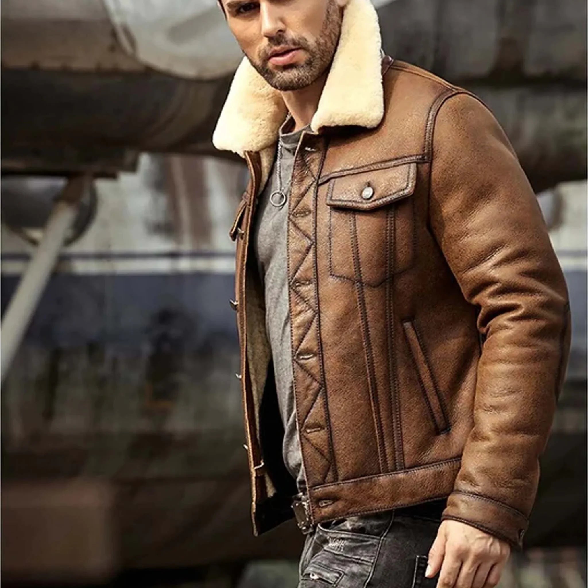 Sable Men’s RAF B3 Shearling Leather Jacket - Brown Sheepskin Trucker Design