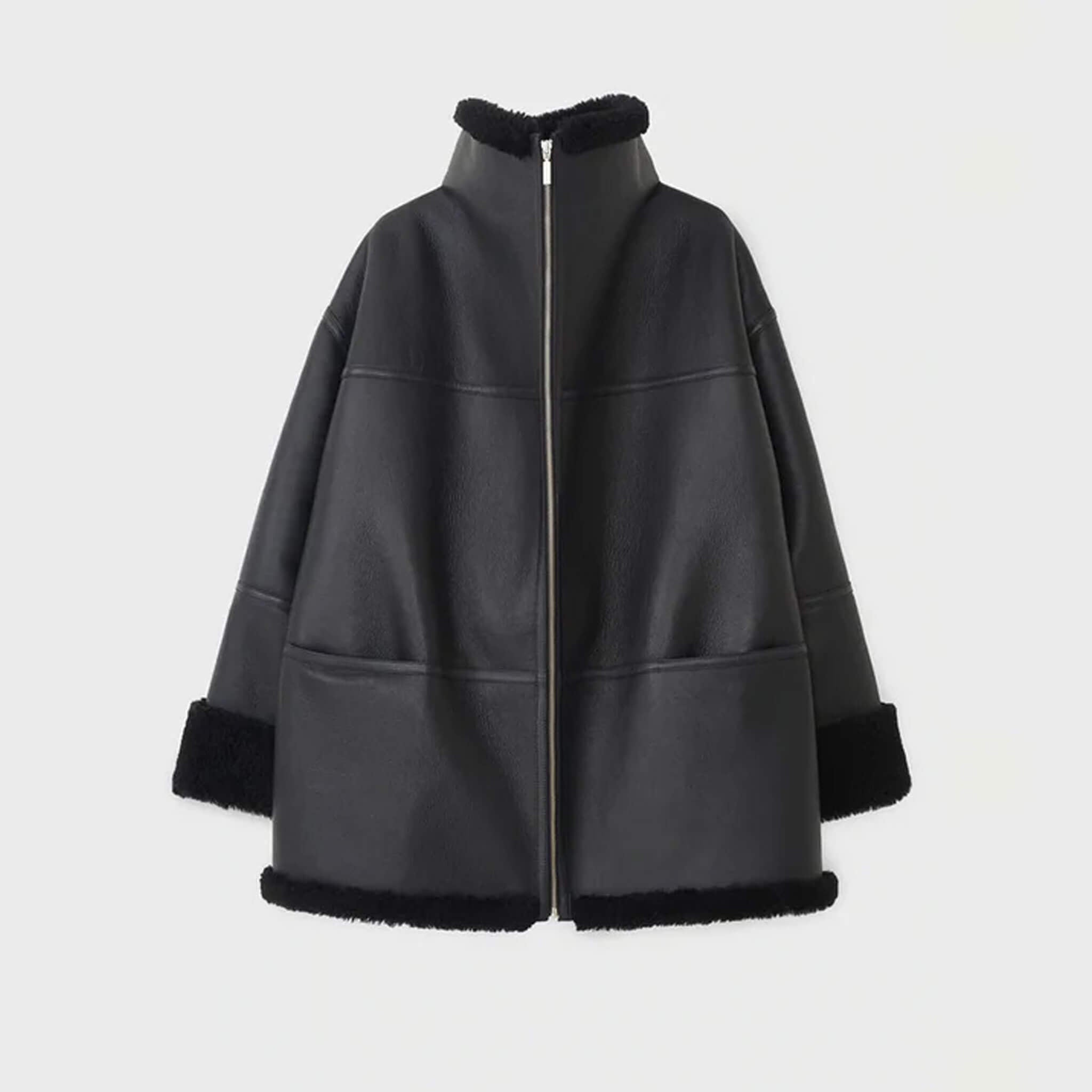 Black Shearling Aviator Biker Jacket for Women