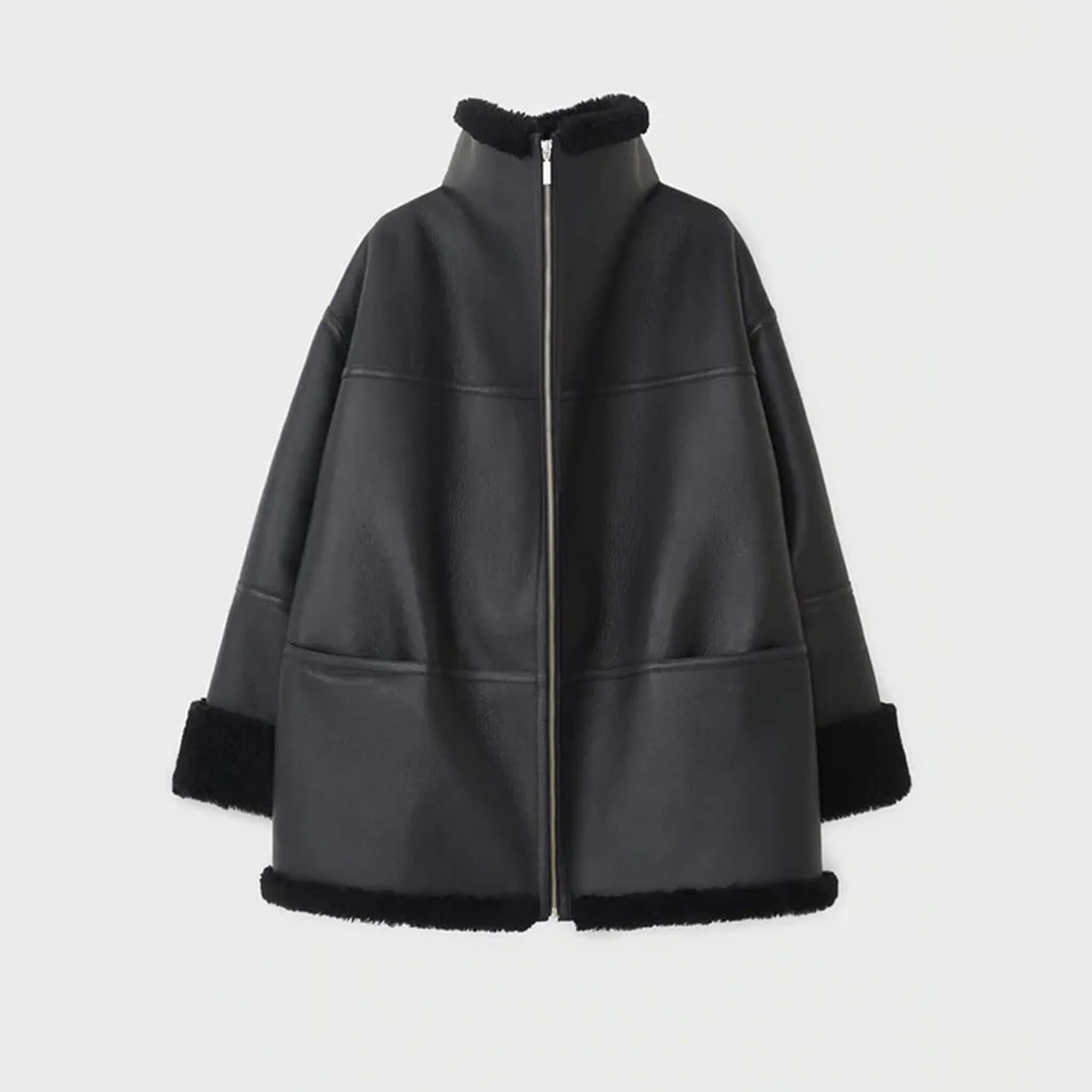 Black Shearling Aviator Biker Jacket for Women