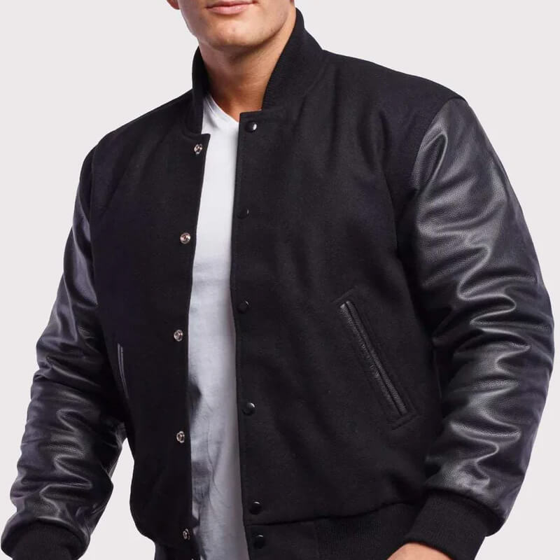 Classic Black Letterman Jacket – Wool Body & Leather Sleeves for Men