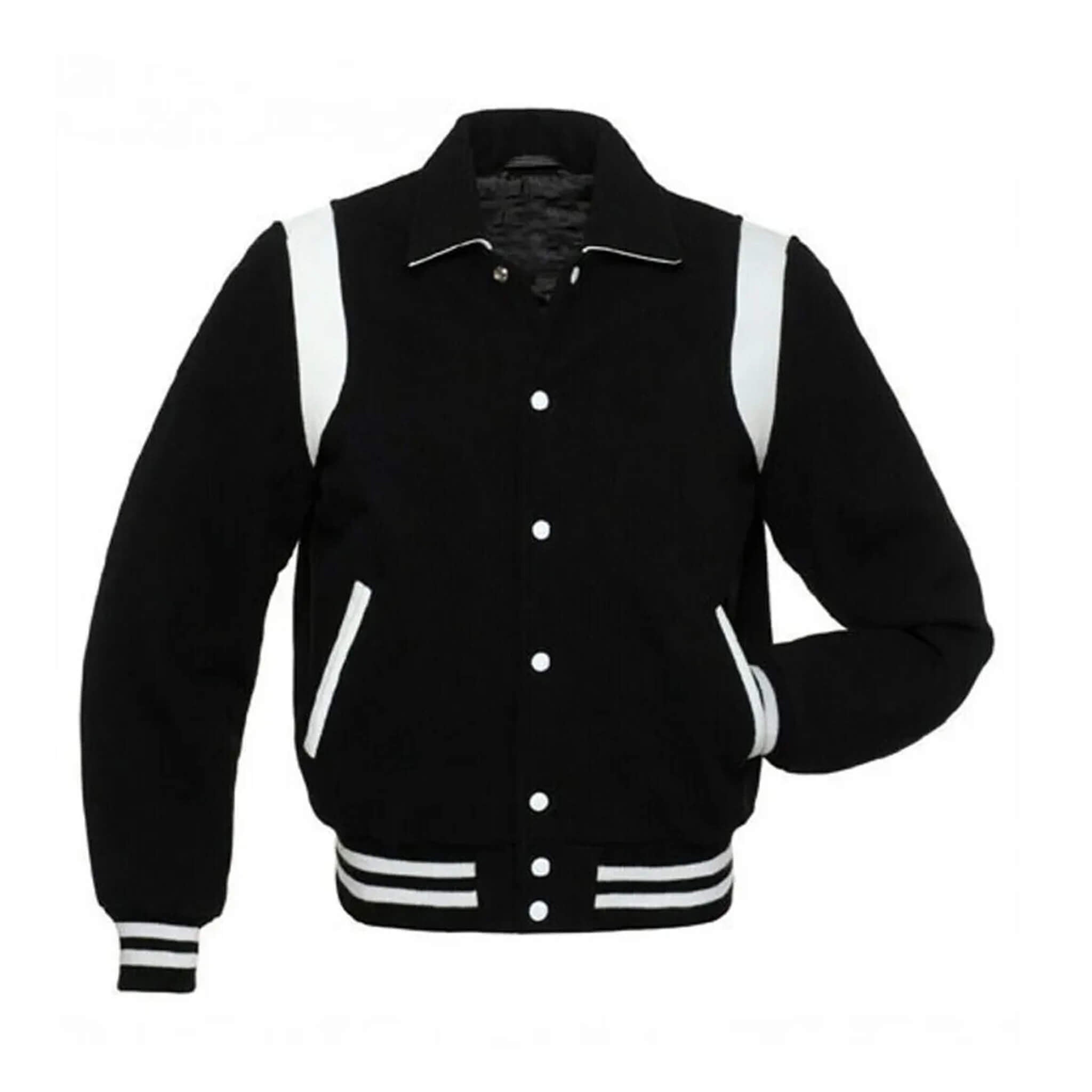 Byron Collar Black Wool Varsity Baseball Jacket – Classic Style