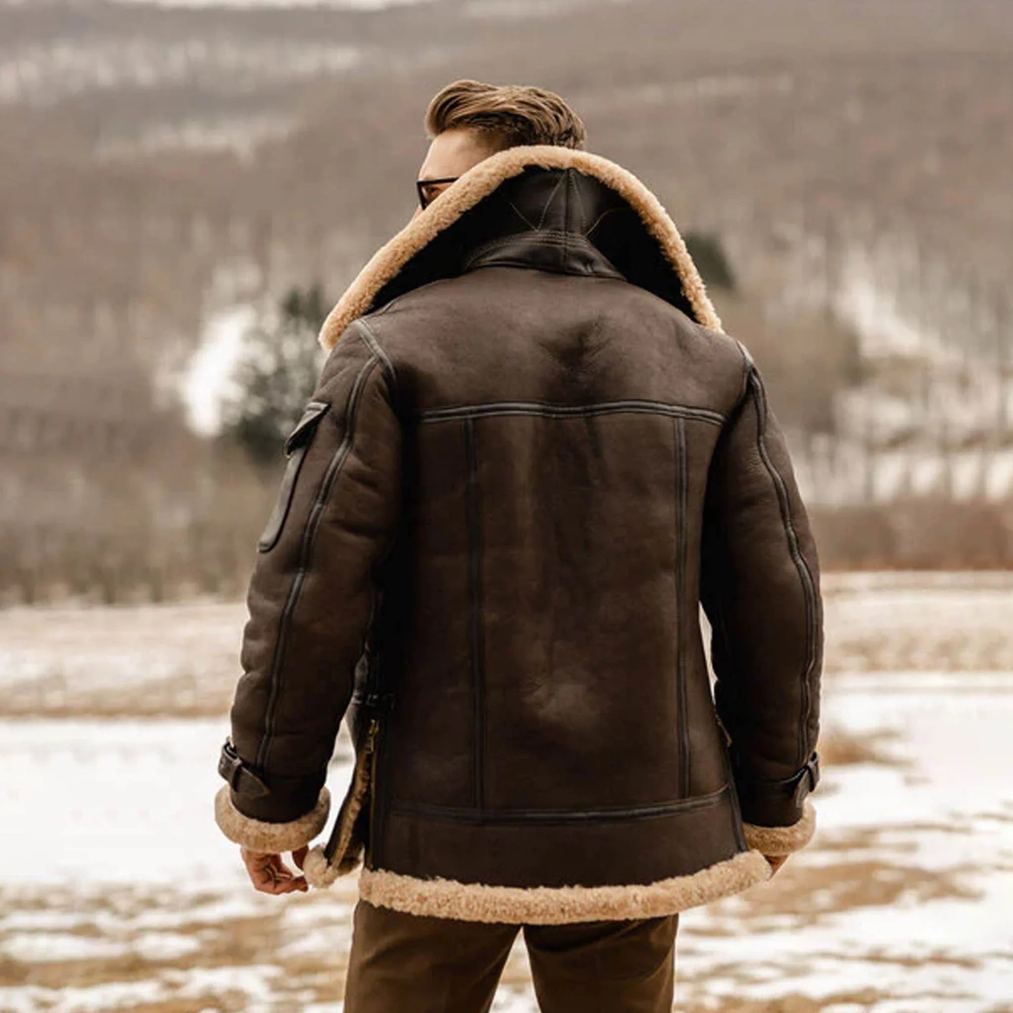 Men's B3 Shearling Aviator Long Coat - Brown Leather Flying Jacket