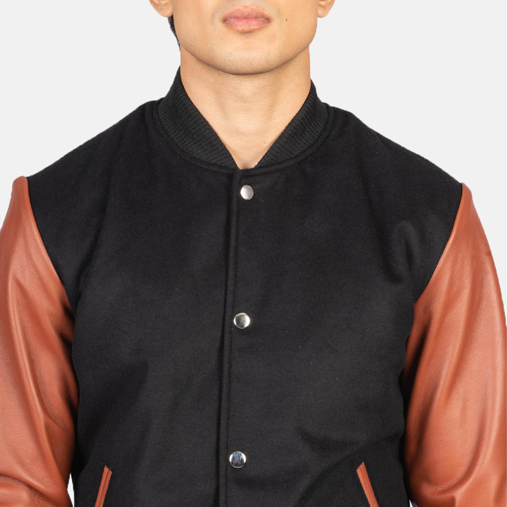 Baxton Hybrid Varsity Jacket – Black Wool & Leather Sleeves Striped Edition - leathergang.com