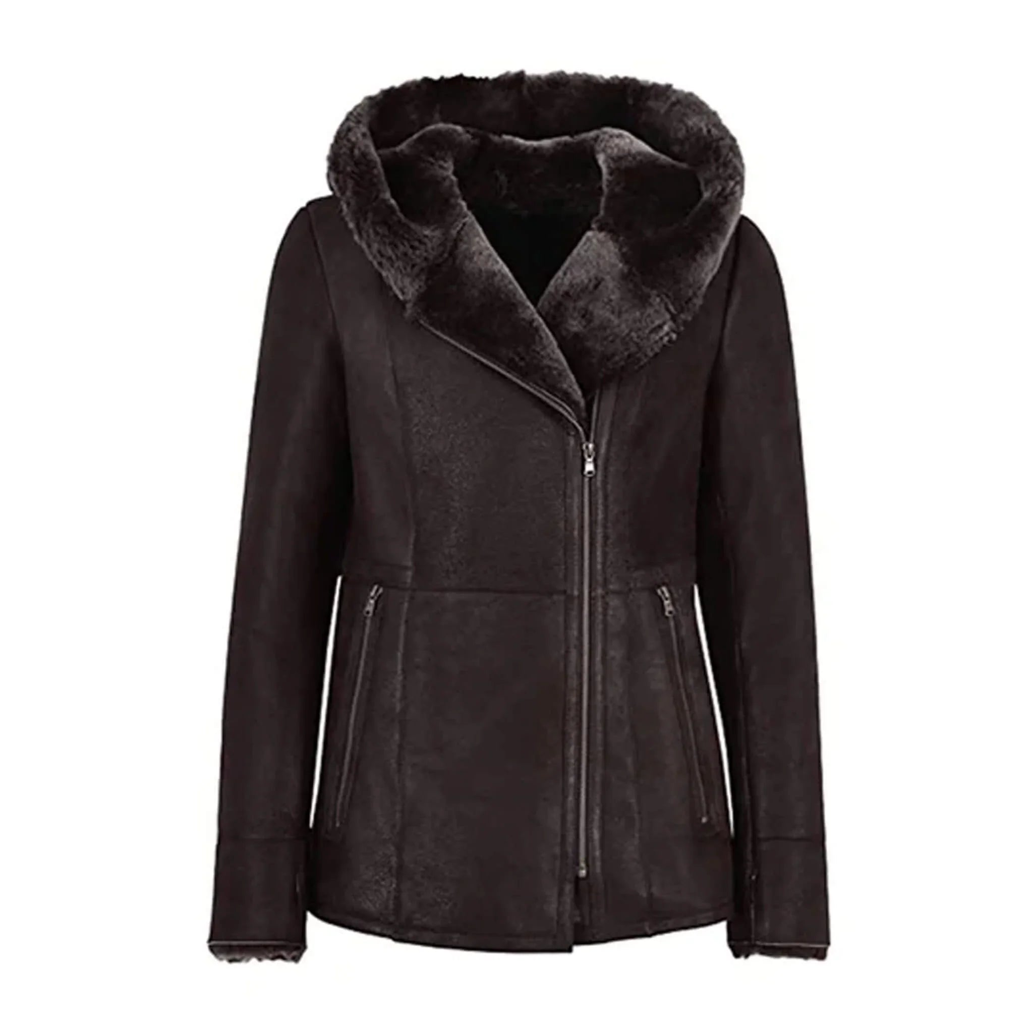 Women’s Hooded Long Shearling Fur Aviator Coat