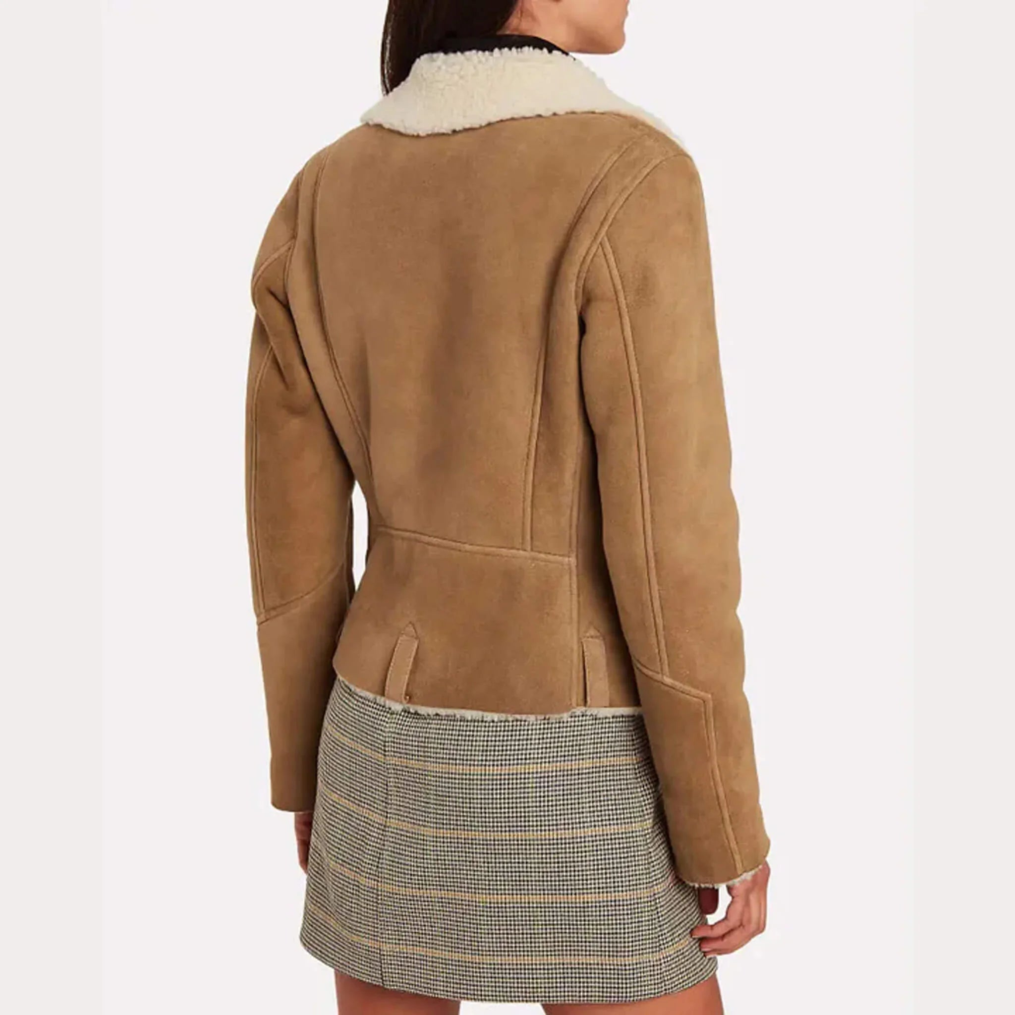 Beige Cropped Shearling Leather Jacket for Women
