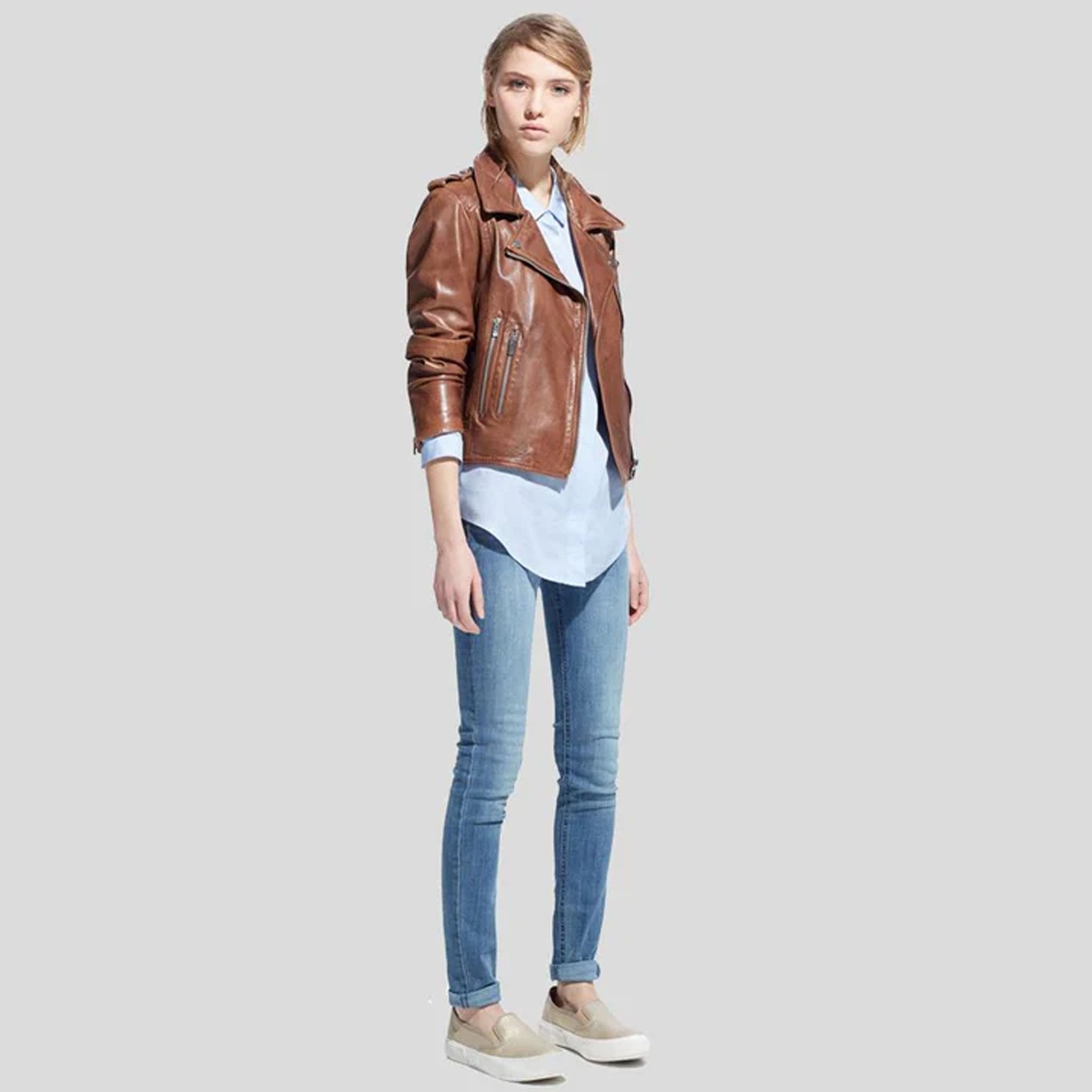 Bronterra Brown Lambskin Moto Jacket for Women