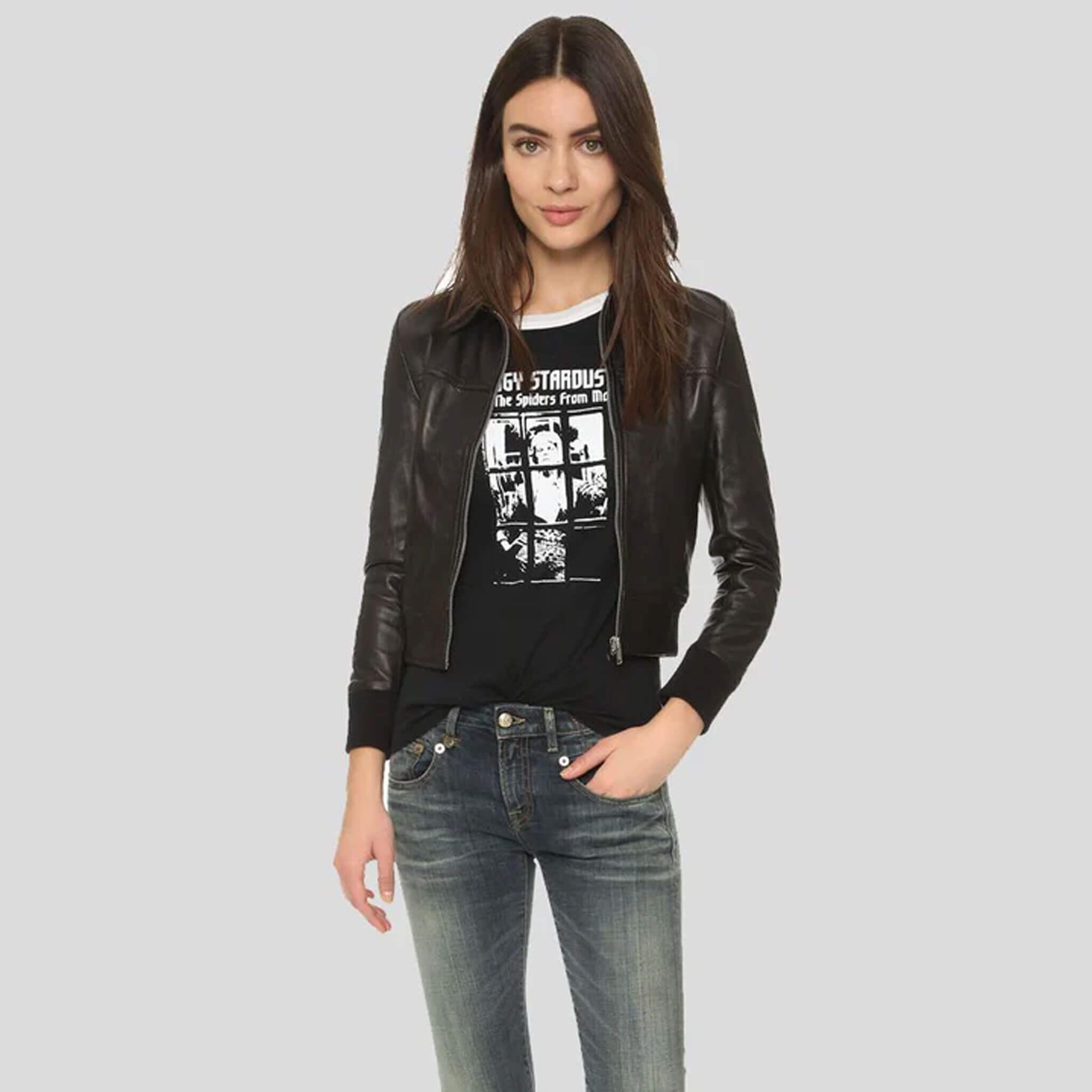 Vanta Belle Women's Black Leather Bomber Jacket
