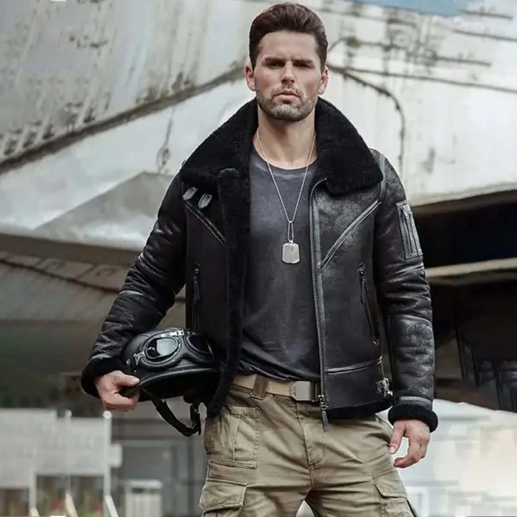 Roguez B3 RAF Fur Bomber Jacket - Premium Leather Aviator Winter Coat