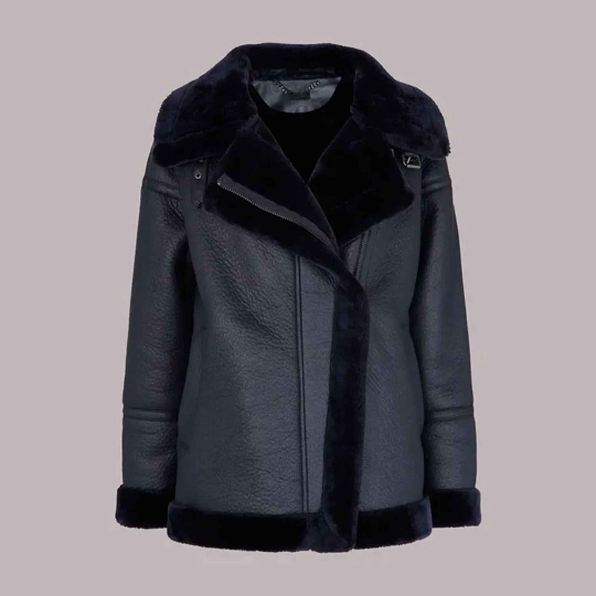 Elara Winter Biker Coat – Faux Fur Shearling Jacket