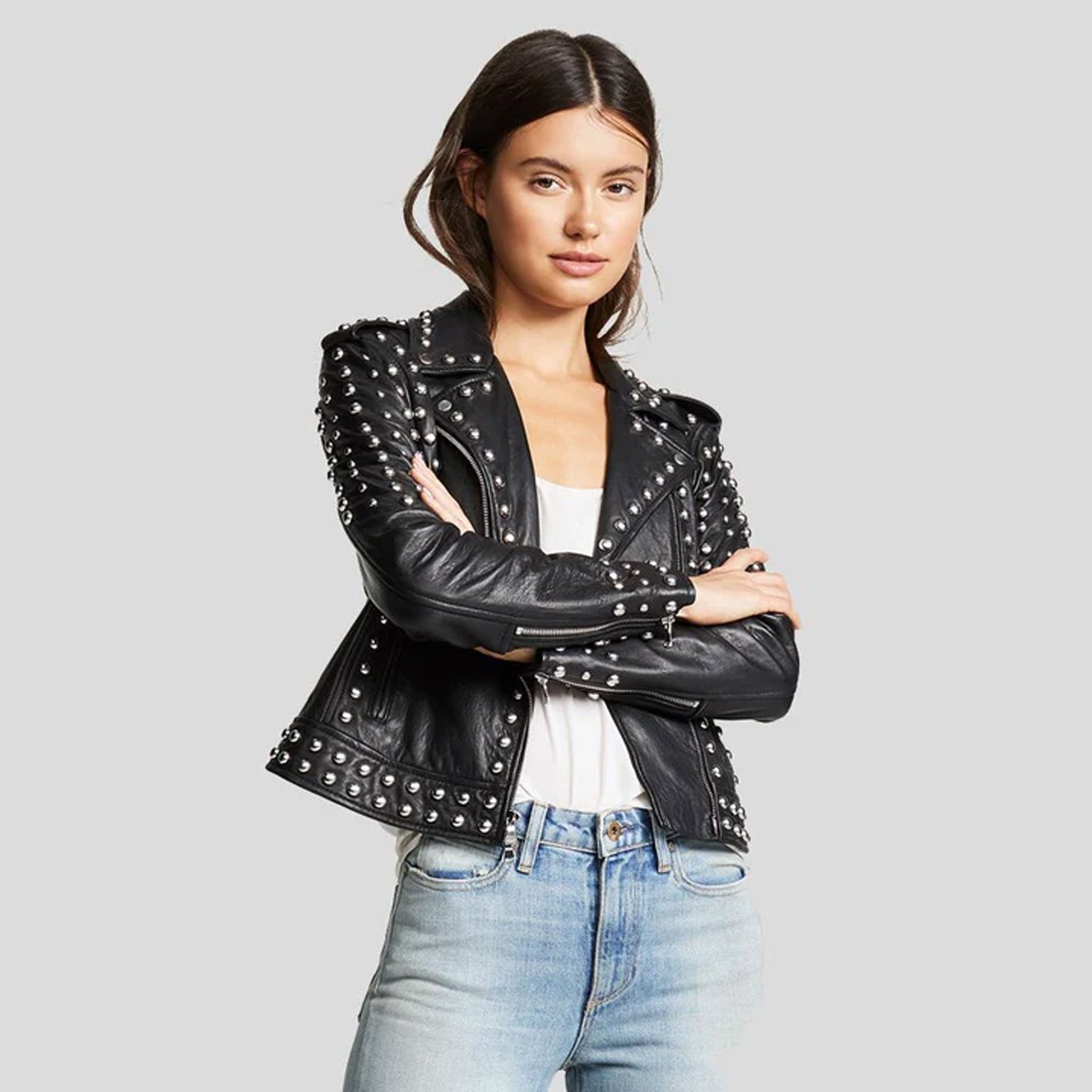Nightrixa Black Studded Lambskin Leather Biker Jacket