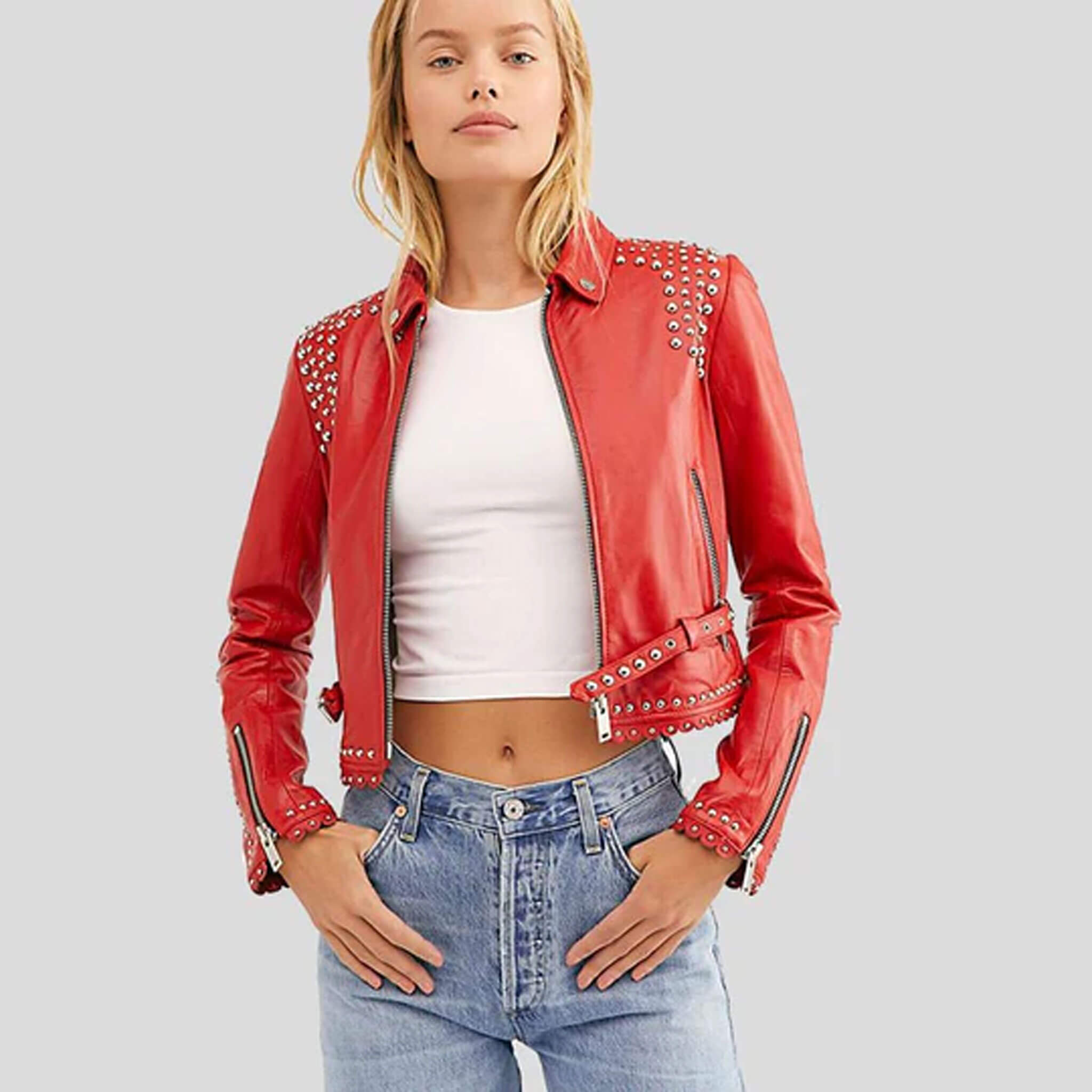 Crimson Reign Red Studded Leather Biker Jacket